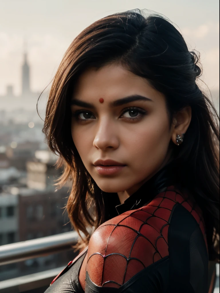 Prompt:full body cinematic shot, (1indian girl:1.3), Solo,fullbody portrait, wide angle shot, cinematic shot, (((Very detailed face)))), ((Very detailed eyes and face)))), Beautiful detail eyes, Body parts__, Official art, Unified 8k wallpaper, Super detailed, beautiful and beautiful, beautiful, masterpiece, best quality, original, masterpiece, super fine photo, best quality, super high resolution, realistic realism, sunlight, full body portrait, amazing beauty, dynamic pose, delicate face, vibrant eyes, (from the front), She wears Spider-Man suit, red and black color scheme, spider, very detailed city roof background, rooftop, overlooking the city, detailed face, detailed complex busy background, messy, gorgeous, milky white, highly detailed skin, realistic skin details, visible