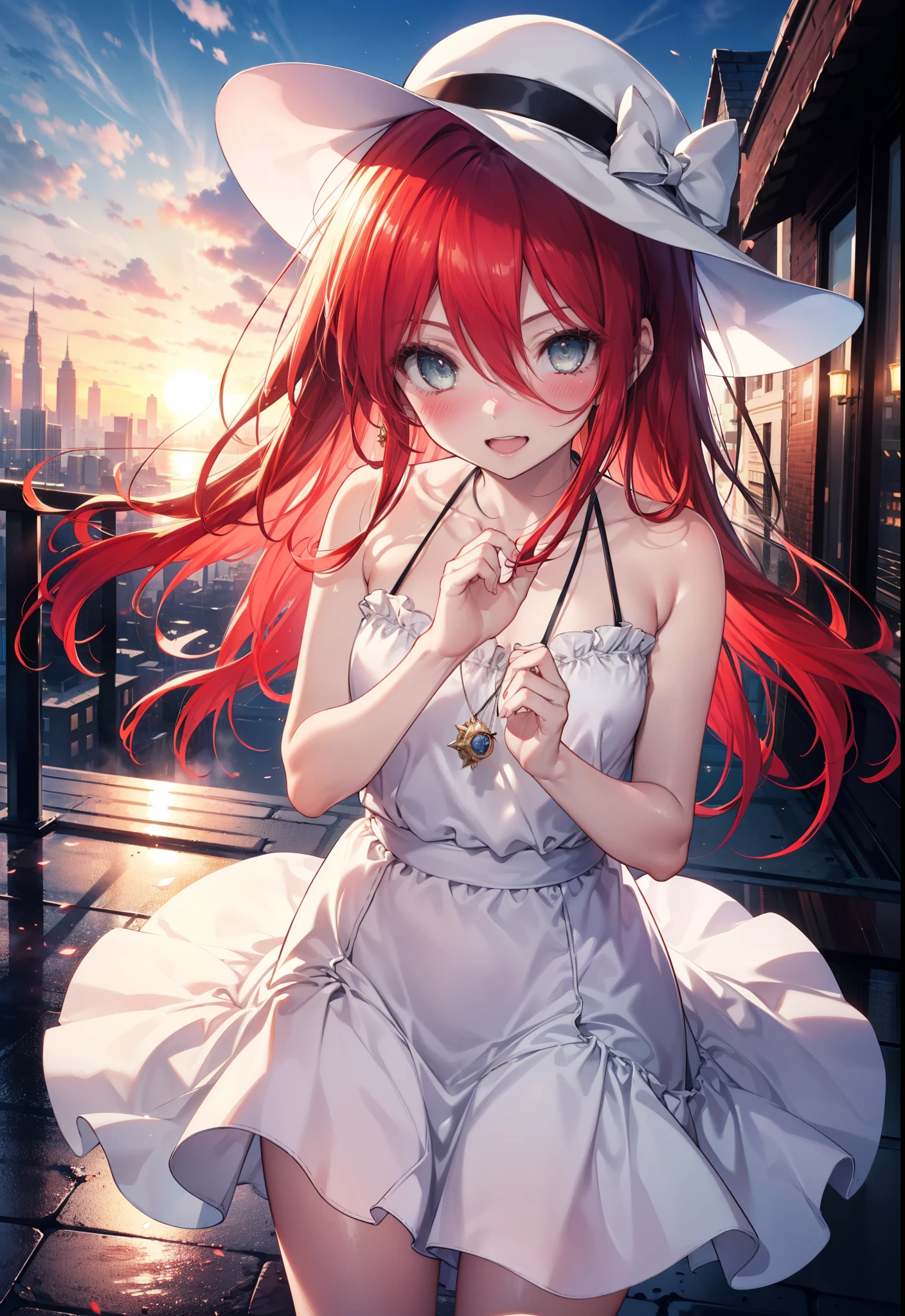 Shana,灼眼のShana,Ahoge,Long Hair,Red hair, Red eyes, small breasts,smile,blush,Open your mouth,Sleeveless dress,Bare shoulders,bare clavicle,Bare neck,Rocket Pendant,White hat,Long skirt,Cute heeled sandals,Looking down from above,sunset,evening,The sun is setting,
break looking at viewer, (Cowboy Shot:1. 5)
break outdoors, City Street,Building district,
break (masterpiece:1.2), highest quality, High resolution, unity 8k wallpaper, (shape:0.8), (Fine and beautiful eyes:1.6), Highly detailed face, Perfect lighting, Highly detailed CG, (Perfect hands, Perfect Anatomy),