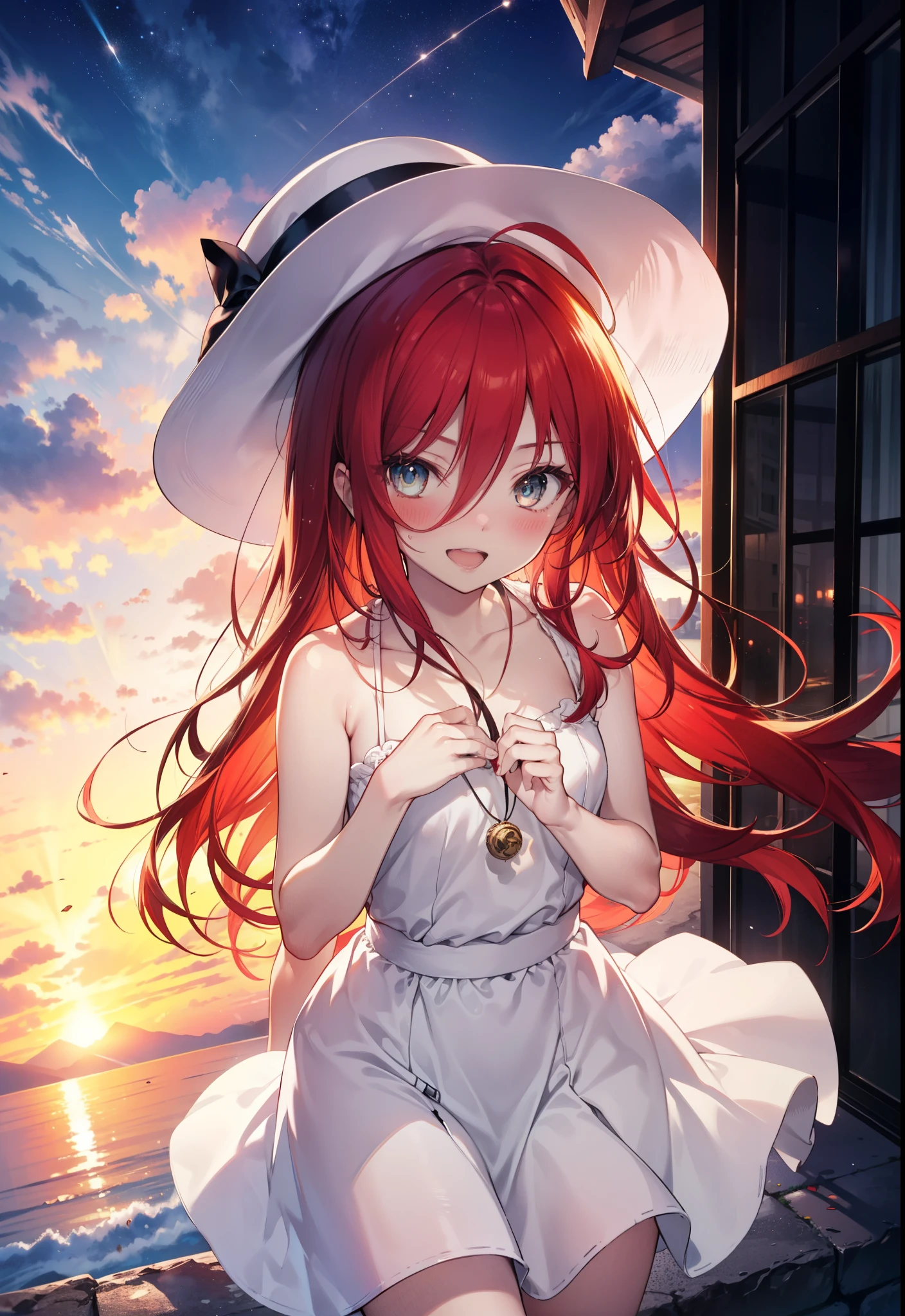 Shana,灼眼のShana,Ahoge,Long Hair,Red hair, Red eyes, small breasts,smile,blush,Open your mouth,Sleeveless dress,Bare shoulders,bare clavicle,Bare neck,Rocket Pendant,White hat,Long skirt,Cute heeled sandals,Looking down from above,sunset,evening,The sun is setting,
break looking at viewer, (Cowboy Shot:1. 5)
break outdoors, City Street,Building district,
break (masterpiece:1.2), highest quality, High resolution, unity 8k wallpaper, (shape:0.8), (Fine and beautiful eyes:1.6), Highly detailed face, Perfect lighting, Highly detailed CG, (Perfect hands, Perfect Anatomy),