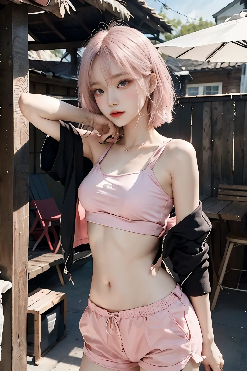 Top image quality、Raw photography、超A high resolution、Cute girl at 19 years old、Shooting for one person only、big round chest、Black tank top、Beautiful Eyes of Details、very elongated eyes、Beautiful eyelashes、Beautiful double eyelids、white walls、Beautiful waist、Beautiful legs、a short bob、slender physique,very tiny tits,Small breasts,Are thin,Flat Chest,Small Bust,Small hip,not nsfw,A piece of light pink cotton fabric,No makeup,No lip,No eyeliner,Beautiful looks,Beautiful face,Pink Silver Hair,Short Bob Hair,Makeup-free prostitute,flattery,Slightly tanned skin tone,Hot summer sunlight,Healthy images,Safe images,Bra like a string,Owner of a beautiful voice,A beautiful girl with high physical abilities who can perform intense dance moves.,Innocent look,pure,active character,Cheerful personality,Free-spirited personality,Wearing the latest modern fashionable glasses,