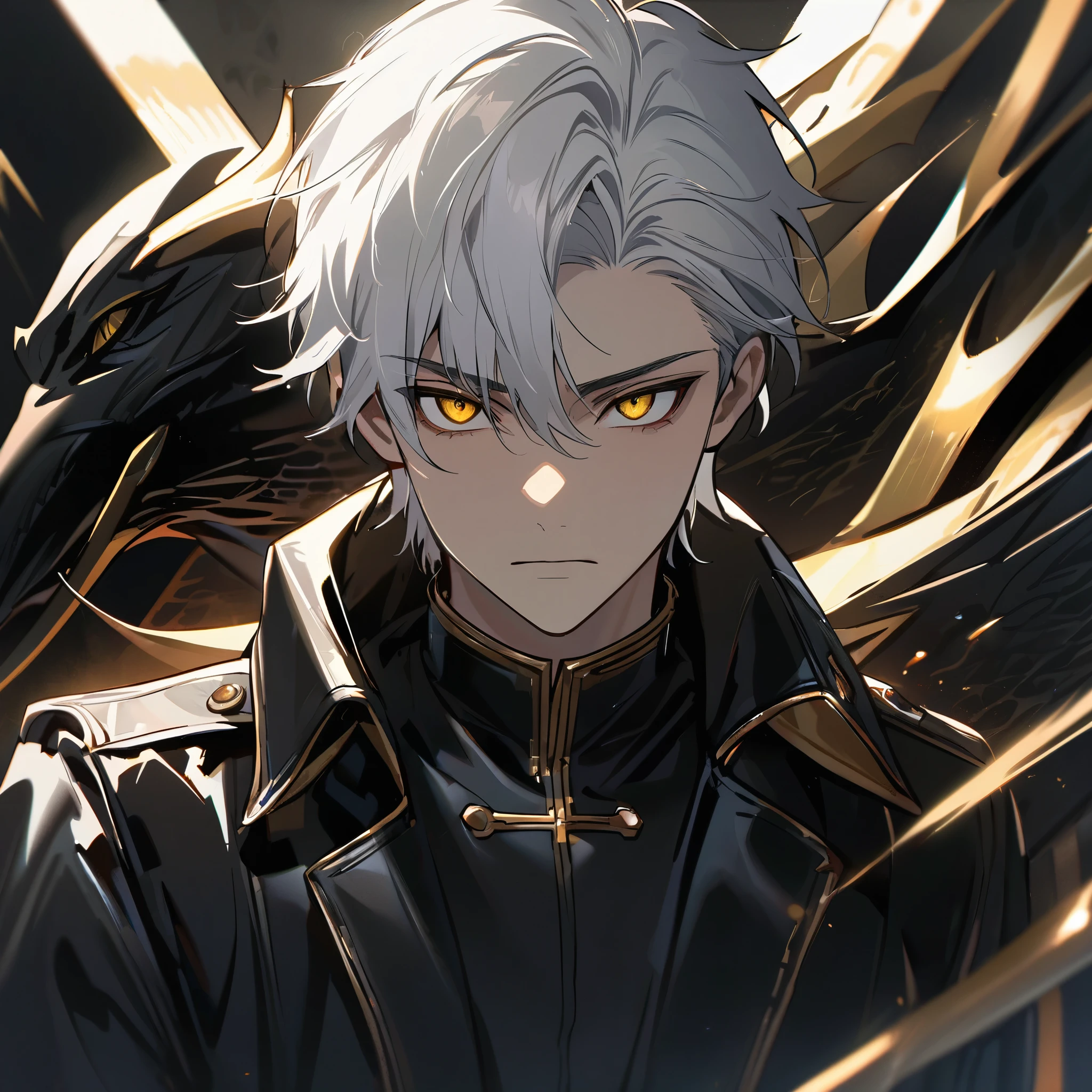 High quality, handsome male, 1male, 17 years old, teenager, golden lining, short white hair, sharp eyes, gold eyes, devil may cry, close up, calm expression, stoic, black leather clothes, black jacket, upper body, looking at viewer, cowboy shot, black dragon background