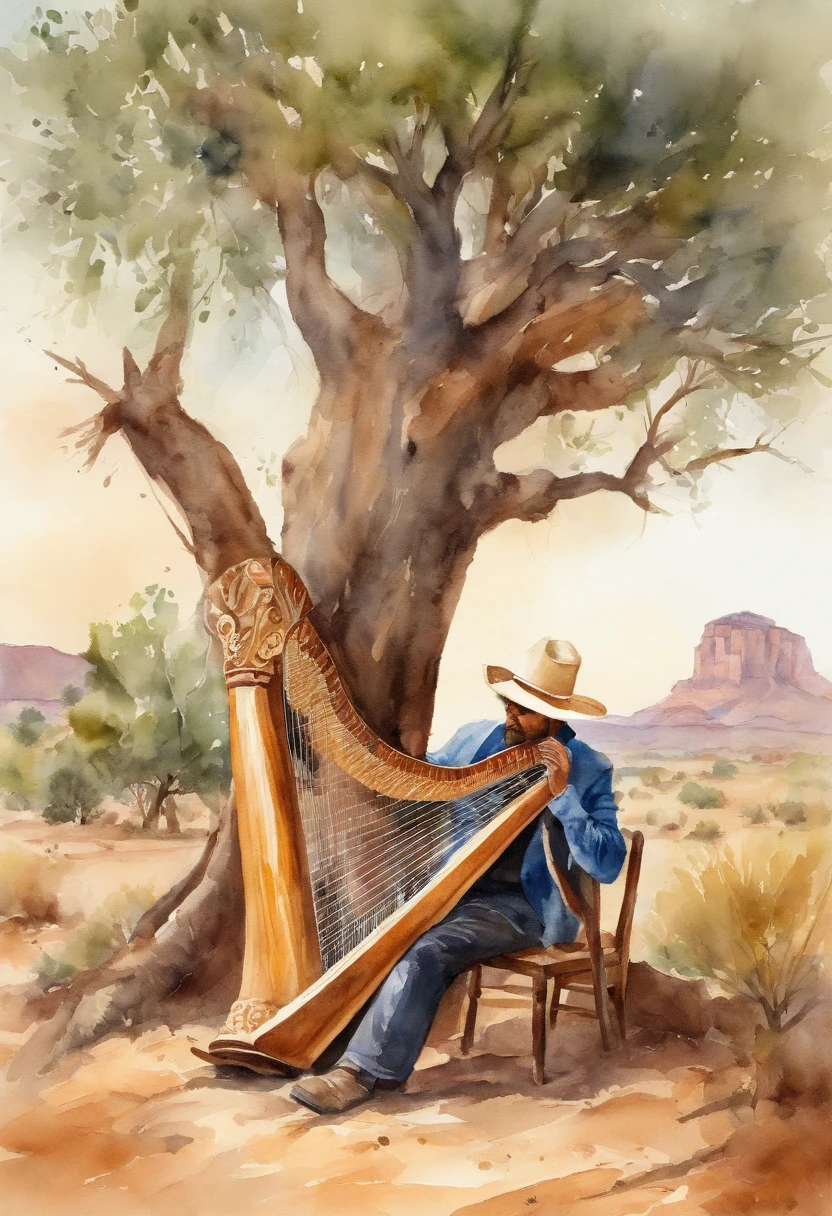 Male musician playing a Jalisco harp with a Mexican hat under a tree in the middle of the desert in Mexico 