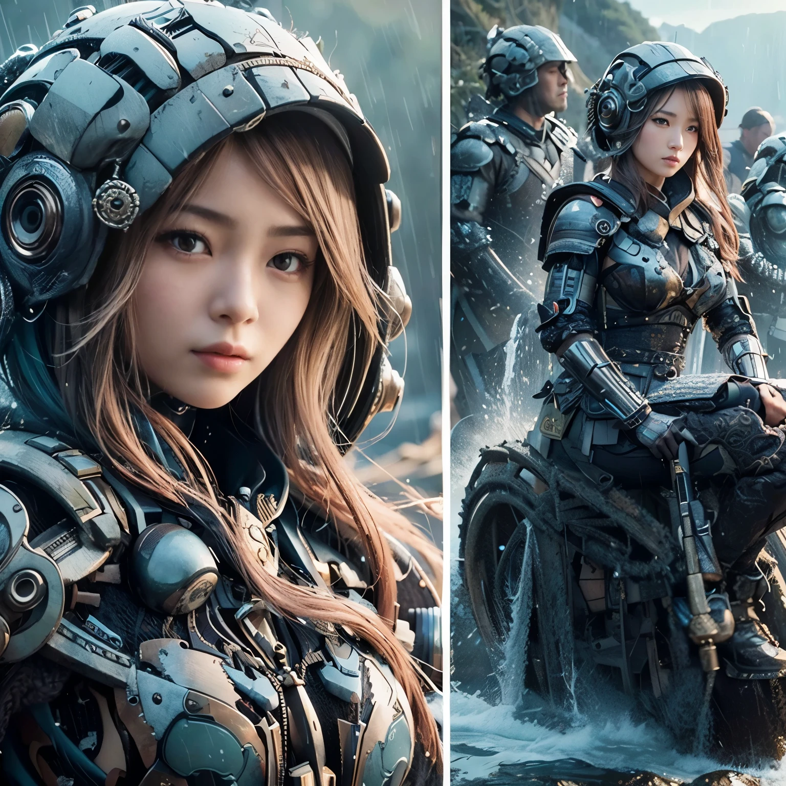 (masterpiece, best quality:1.2), (8k uhd, 16k, 32k, ultra high res), (photorealistic:1.37), (RAW photo), ultimate-realistic, ultimate-realistic details, ultimate-realistic texture, ultimate-intricate details, ultimate-realistic lighting, ultimate-realistic shadow, japanese girl, ultimate-cute face, ultimate-RAW skin, ultimate-realistic eyes, A pretty woman wearing a samurai armor type powered suit, mechanical, extremely intricate details, full body shot, ultimate photorealistic