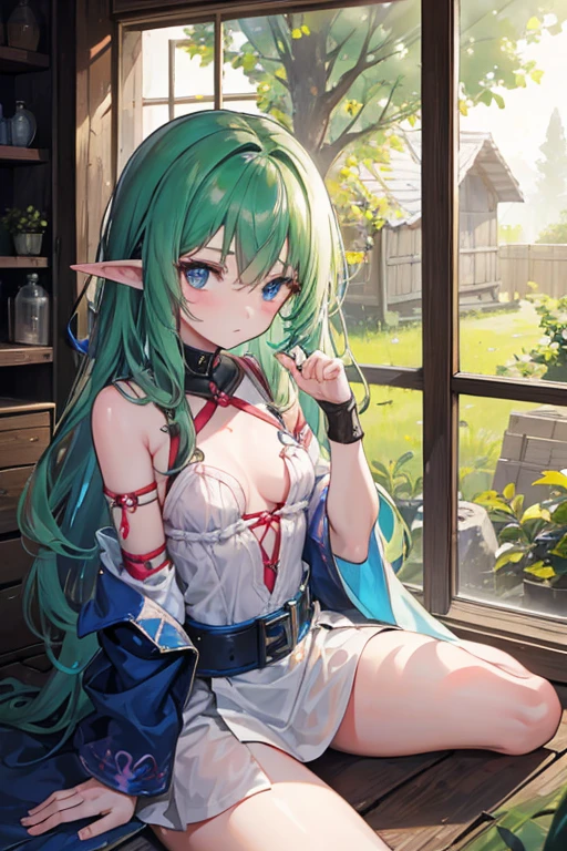 (a solo 14yo girl)++,Halfelf girl receiving treatment,some injuries on arm, by the window inside the hut,Looking viewer,Wounds all over the body elf girl,dappled sunlight ,best quality,masterpiece,
