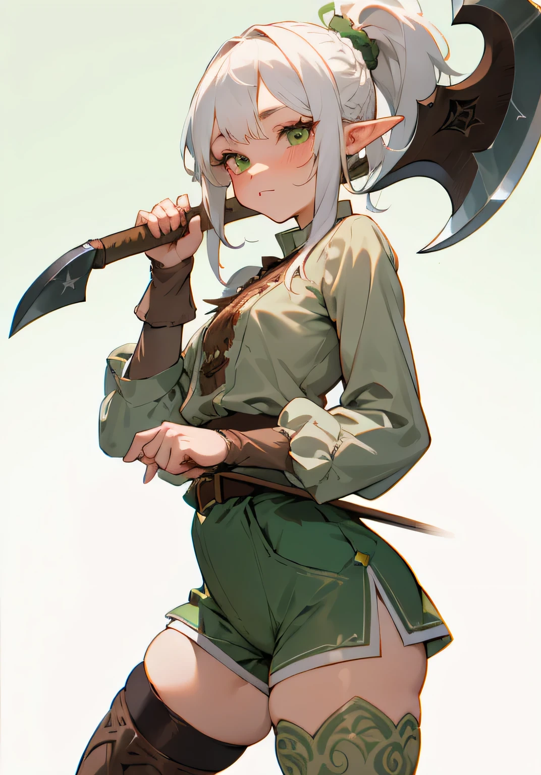 1GIRL, cute girl, finely detailed, (best quality), (intricate details), cute style, fighter style, elf girl, dungeons and dragons style, multicolored, ((long white hair in ponytail)), best quality, ((brown and green clothes)), ((long sleeve shirt and shorts)), ((thigh high socks)), ((round eyes)), beautiful face, happy eyes, cute face, pinup, perfect face, simple background portrait, hatchet, holding axe