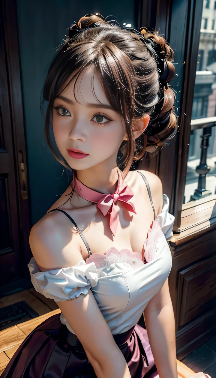 (Original Photography、Top quality)、(realism、Photorealistic:1.3)、Top quality、masterpiece、Extremely exquisite and beautiful、Very detailed的、nffsw、Sense of solidarity、2k wallpapers、Gorgeous、beautiful face，every detail、masterpiece、A faint smile、Top quality、Highly detailed Unity 8k wallpaper、Huge file size、Super detailed、high resolution、Very detailed、1 female、slim、D cup、(Black tights:0.7)、(Pink skirt:1.2)、(Hair Bun)、(Brown hair)、Look ahead、Clear focus、Close-up of face、Pure face_V1:0.8 short hair、