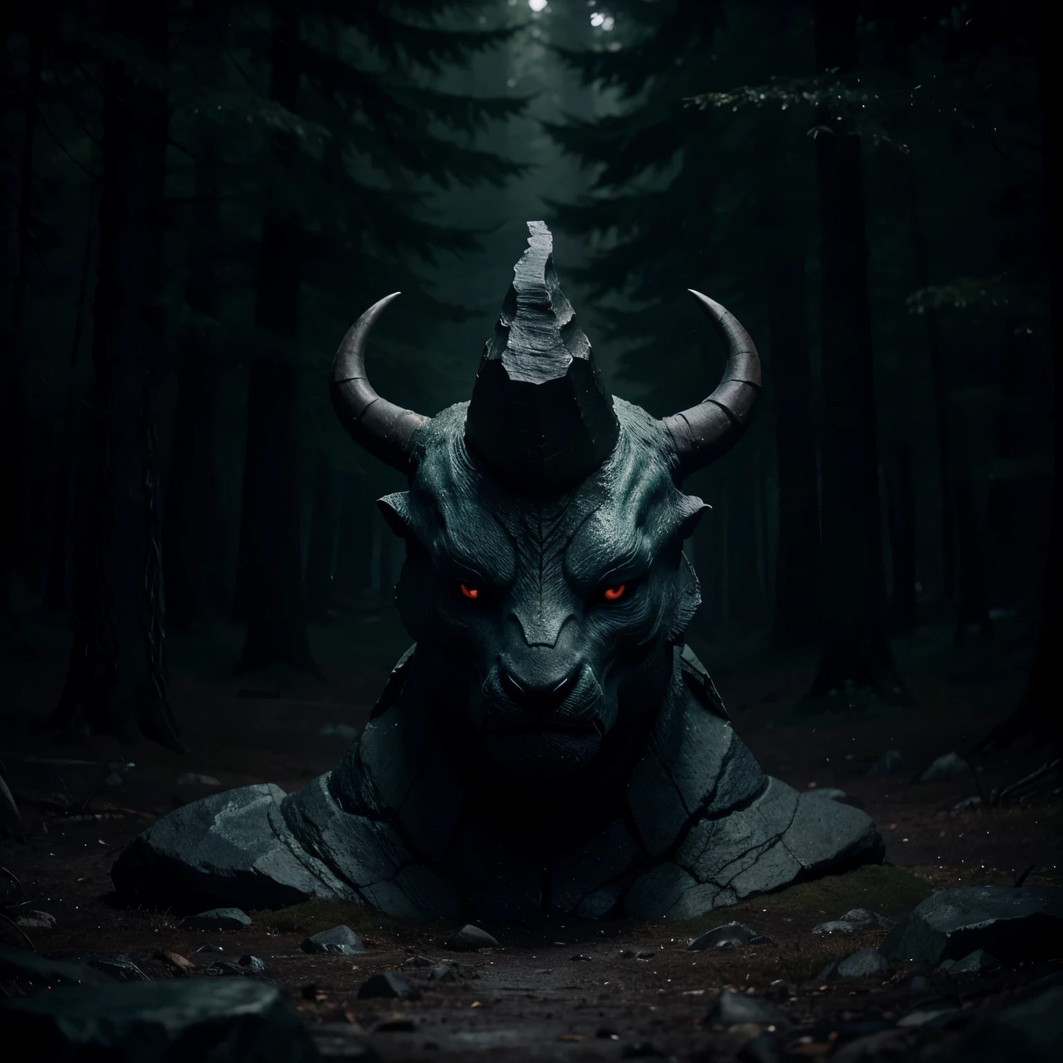 Create an image of a creature with rock-like skin, curved horns, no eyes, surrounded by mist, and in a dark forest environment.