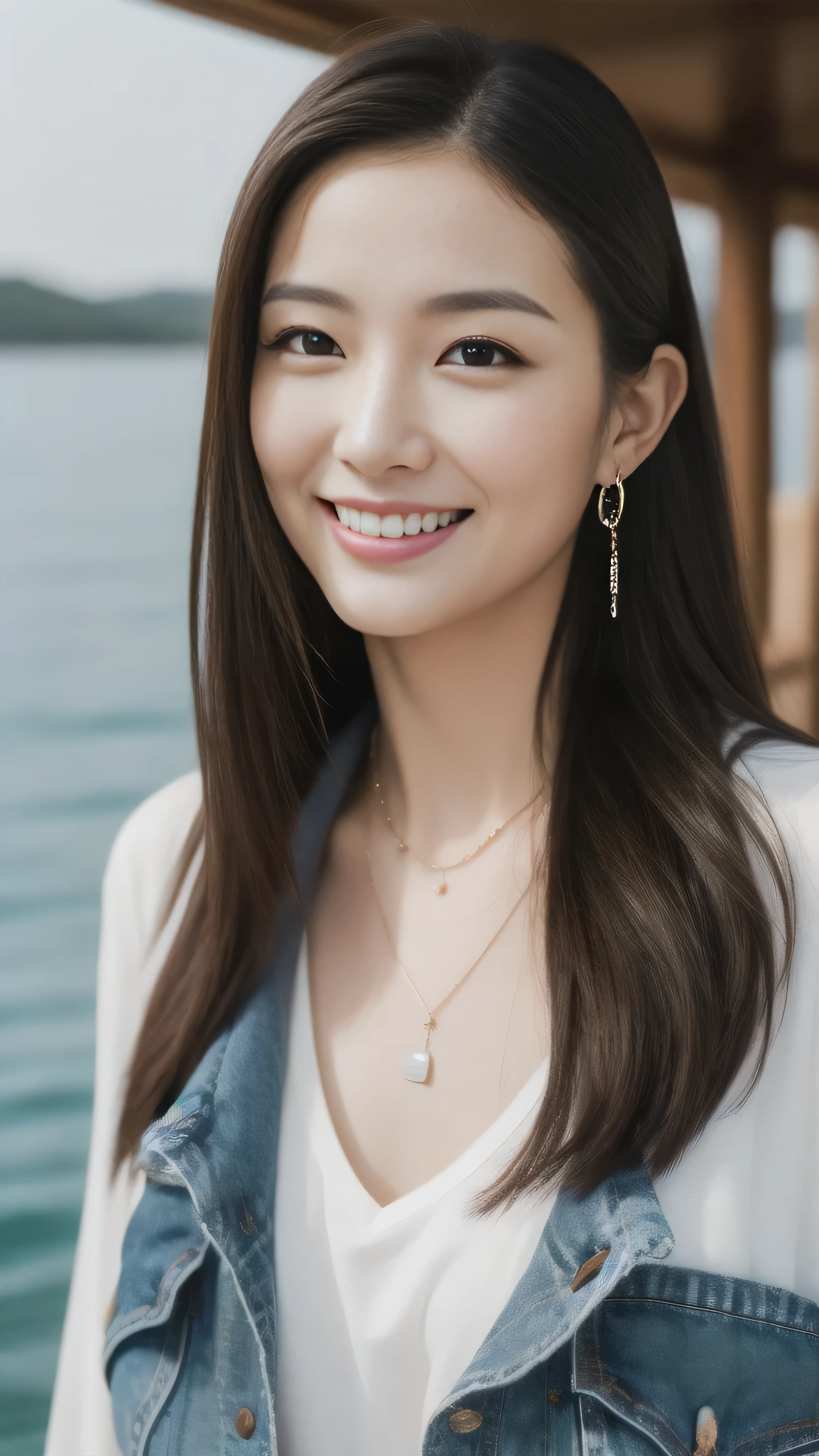 Hostess's face、Married women、Married Woman、Beauty、White high neck shirt、jeans、high quality、Super Ultra Realistic、healthy、smile、Perfect figure、Japanese Beauty、 necklace、Earrings、Perfect eyes, beautiful skin、Upper Body、looking at the camera、coastal