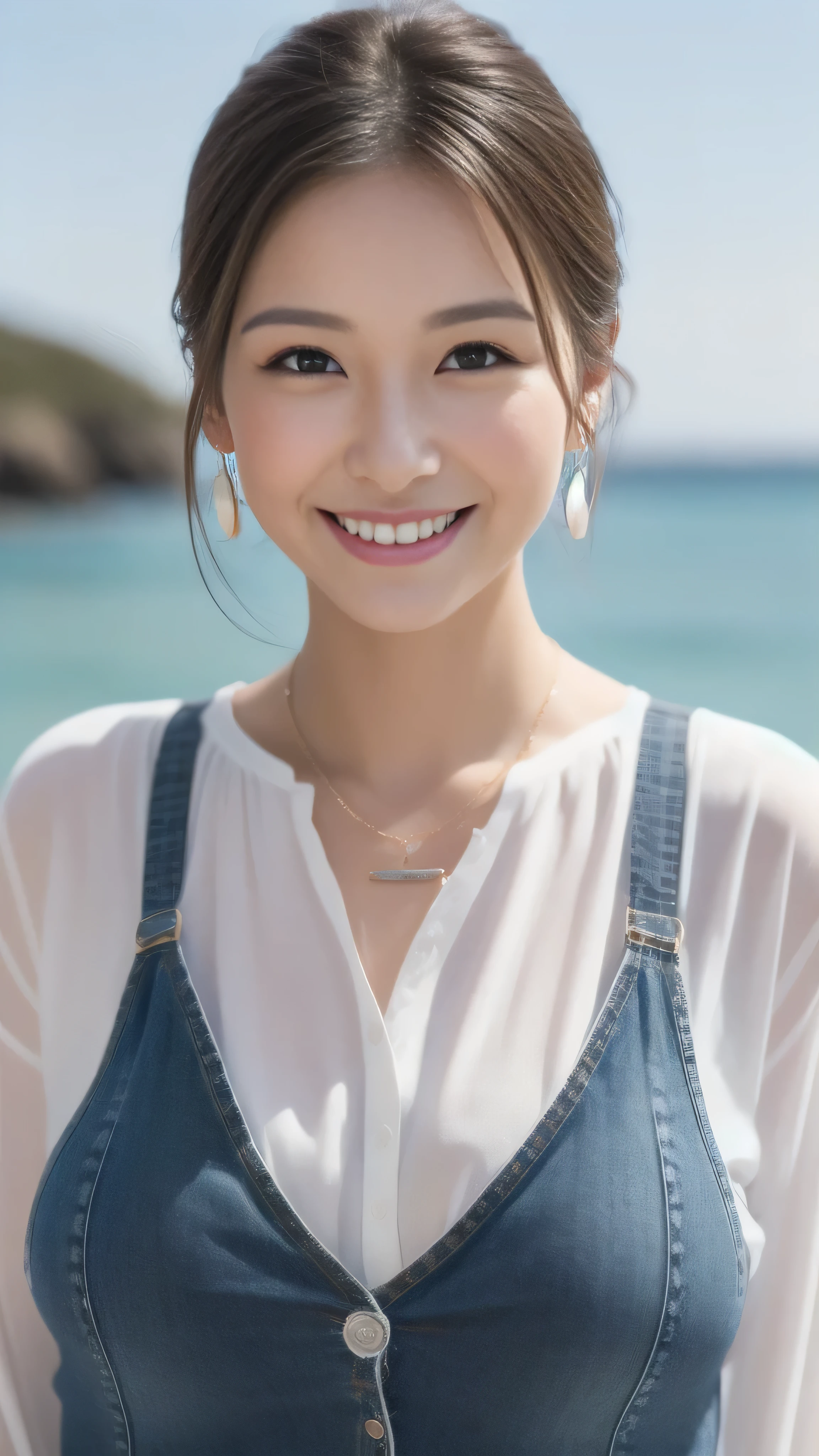 Hostess's face、Married women、Married Woman、Beauty、White high neck shirt、jeans、high quality、Super Ultra Realistic、healthy、smile、Perfect figure、Japanese Beauty、 necklace、Earrings、Perfect eyes, beautiful skin、Upper Body、looking at the camera、coastal