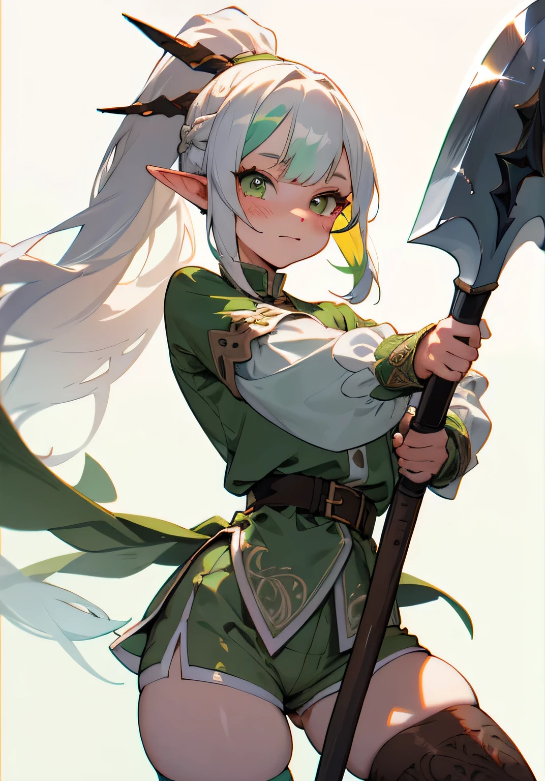 1GIRL, cute girl, finely detailed, (best quality), (intricate details), cute style, fighter style, elf girl, dungeons and dragons style, multicolored, ((long white hair in ponytail)), best quality, ((brown and green clothes)), ((long sleeve shirt and shorts)), ((thigh high socks)), ((round eyes)), beautiful face, happy eyes, cute face, pinup, perfect face, simple background portrait, hatchet, holding axe