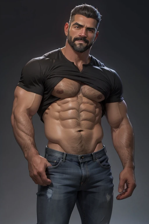 Obra maestra, mejor calidad, ultra detallado, 1 hombre, de espaldas,  macho maduro, muscular, pedazo, bara, deportista, carne de res, negro skin, piel bronceada, latino, 36 years old, negro hair, gray fur, barbas de chivo, cabello demasiado cortado, serious expression, camiseta gris, science fiction background, jeans de espaldas,  jeans 