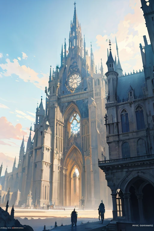 Magical city, inside the city, view from inside the city, painting of buildings inside the city, blue sky, concept art, fantasy architecture, elven architecture, luxury matte painting, fantasy art, elaborate matte painting, spire architecture,