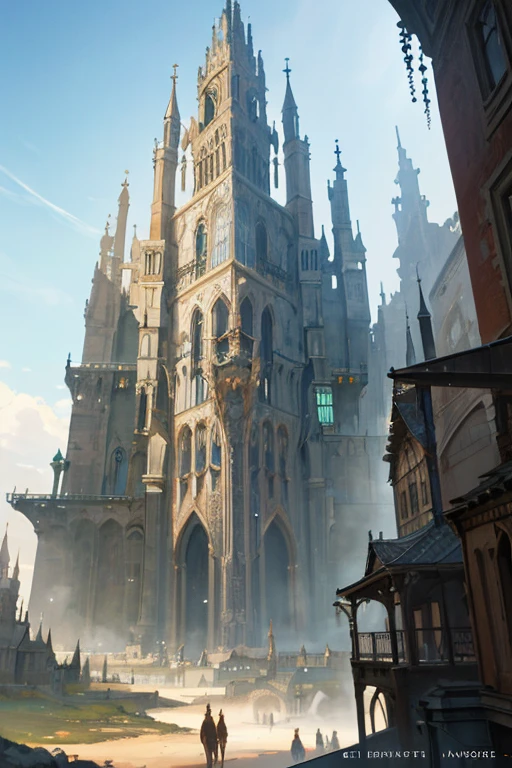 Magical city, inside the city, view from inside the city, painting of buildings inside the city, blue sky, concept art, fantasy architecture, elven architecture, luxury matte painting, fantasy art, elaborate matte painting, spire architecture,