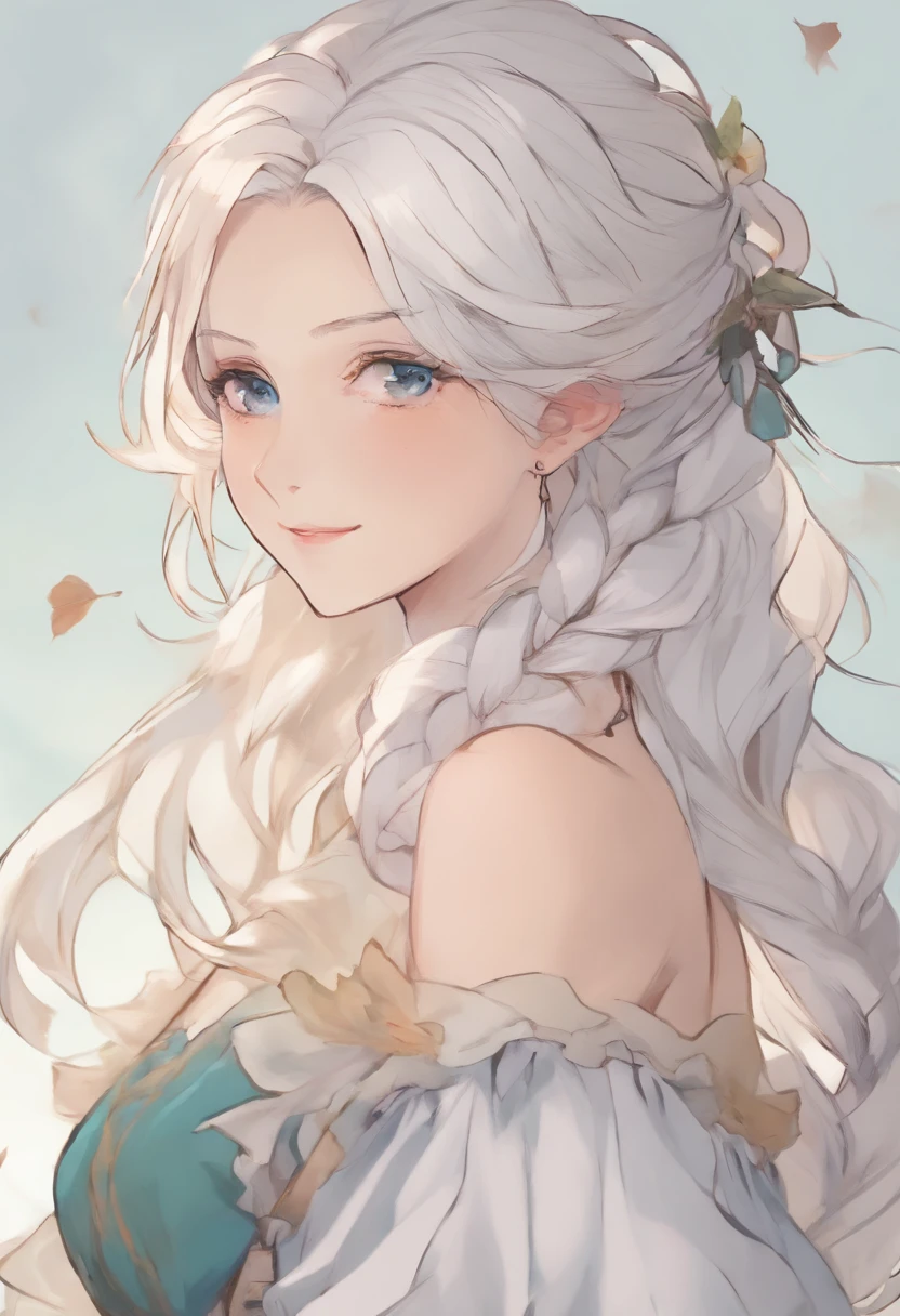 (masterpiece,best quality), , facing front, , {plain background}, , {long hair}, , (ponytail),, {upper body}, , {white hair}, , {fantasy},, (mature woman), , {28 years old} ,, (adult woman), , {anime woman}, , {bright blue eyes},, {smile},