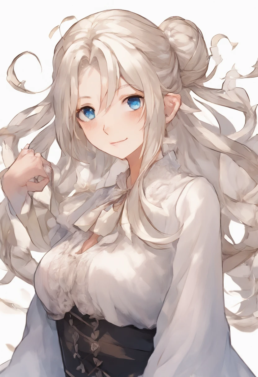 (masterpiece,best quality), , facing front, , {plain background}, , {long hair}, , (ponytail),, {upper body}, , {white hair}, , {fantasy},, (mature woman), , {28 years old} ,, (adult woman), , {anime woman}, , {bright blue eyes},, {smile}, 