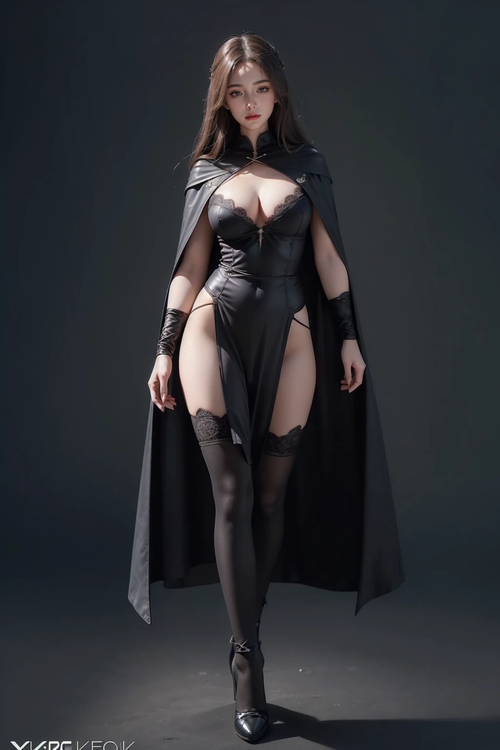 ((Show full body from head to toe, Standing perfectly, standing pose, Body facing to the viewer (Show front body, show center body)). Balance focused camera view, Centered camera view, middle camera view, vertical scape camera. Masterpiece, illustration:1.1, best quality, fine detail, perfect detail, smooth detail, sharp color, 8K, Ultra HD, Ultra-clear portrait, big resolution, perfect lighting, bright lighting, top quality, sharp focus. Fantasy, medieval, magic, wizard. A Beautiful wizard wearing black clothes, robes, cape, cloaks, lace stockings, show heels. huge breast:1.5, tall body, fit body, Leg length, slender body, pale toned skin, very bright skin, glowing skin, glowing face, bright face, wearing makeup, lipstick, blush. Long hair. Smirking, her eyes looking to the camera. The background is outside a castle. clear sky, sunlight, daylight. Standing (Full Body View).