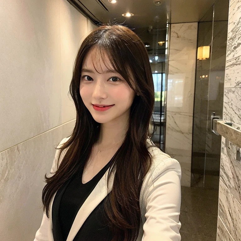 ((Masterpiece)), ((highest quality)), ((Genuine)), ((8k)), 1 girl, busタオル,wrap around the body、 Japanese, 24-years-old, so beautiful, Pathetic, model, whole body, thin, model, Ultra-luxury hotel, ソニー一眼レフphotograph, Blonde, Long Hair, short hair, Looking at the camera,smile, background Genuineistic, Marble wall、bus, Wash basin, Europe, art, photograph,