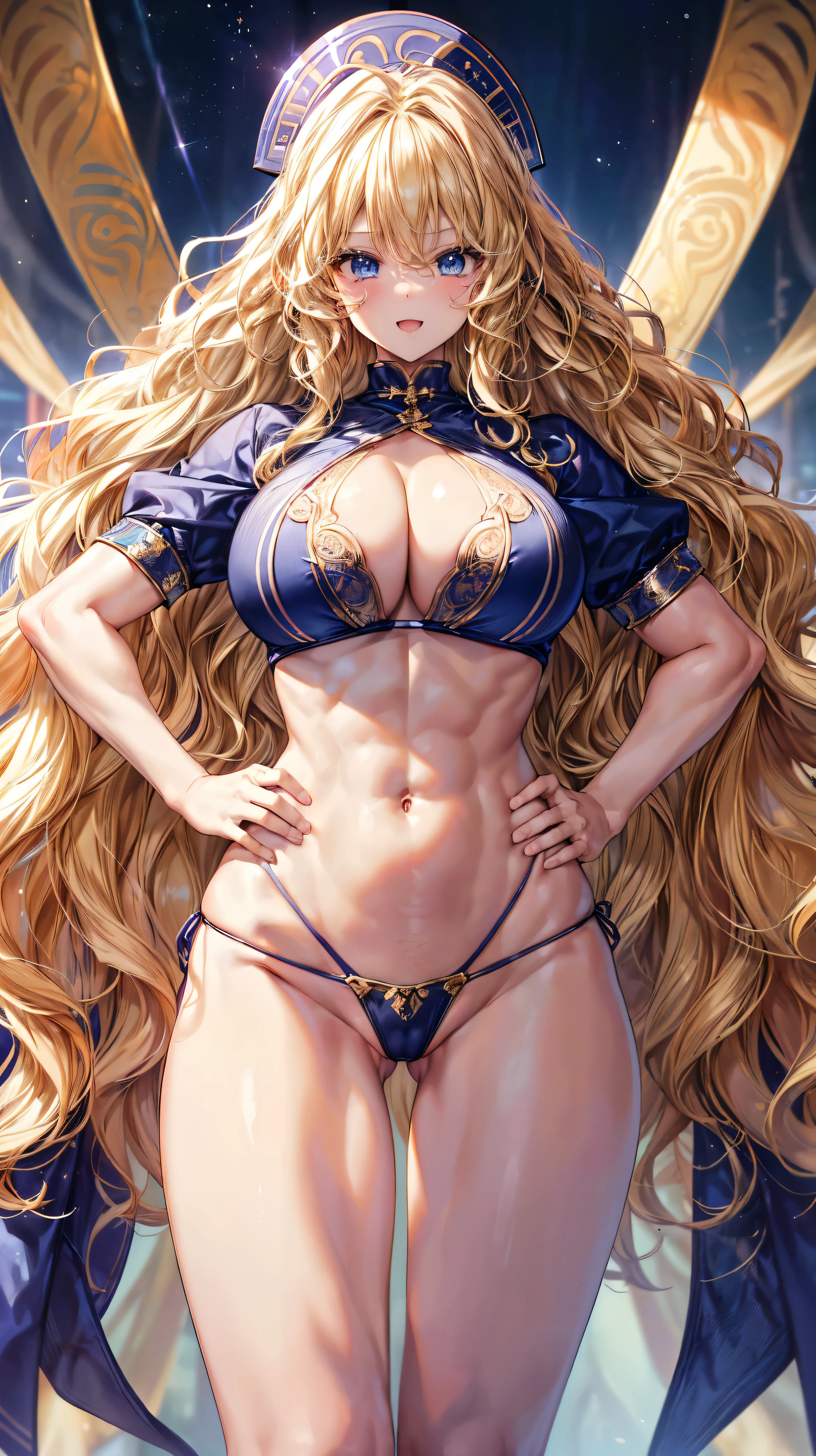 Super detailed、highest quality、Best image quality、masterpiece、8K、Anime Face、A kind smile、Open Mouth、Sparkling Blue Eyes、(Long blonde wavy hair:1.5)、、(SFW huge body:1.3)、Cowboy Shot、(Wearing high cut thong:1.3)、Muscles of the whole body、(Place your hands on your hips:1.5)