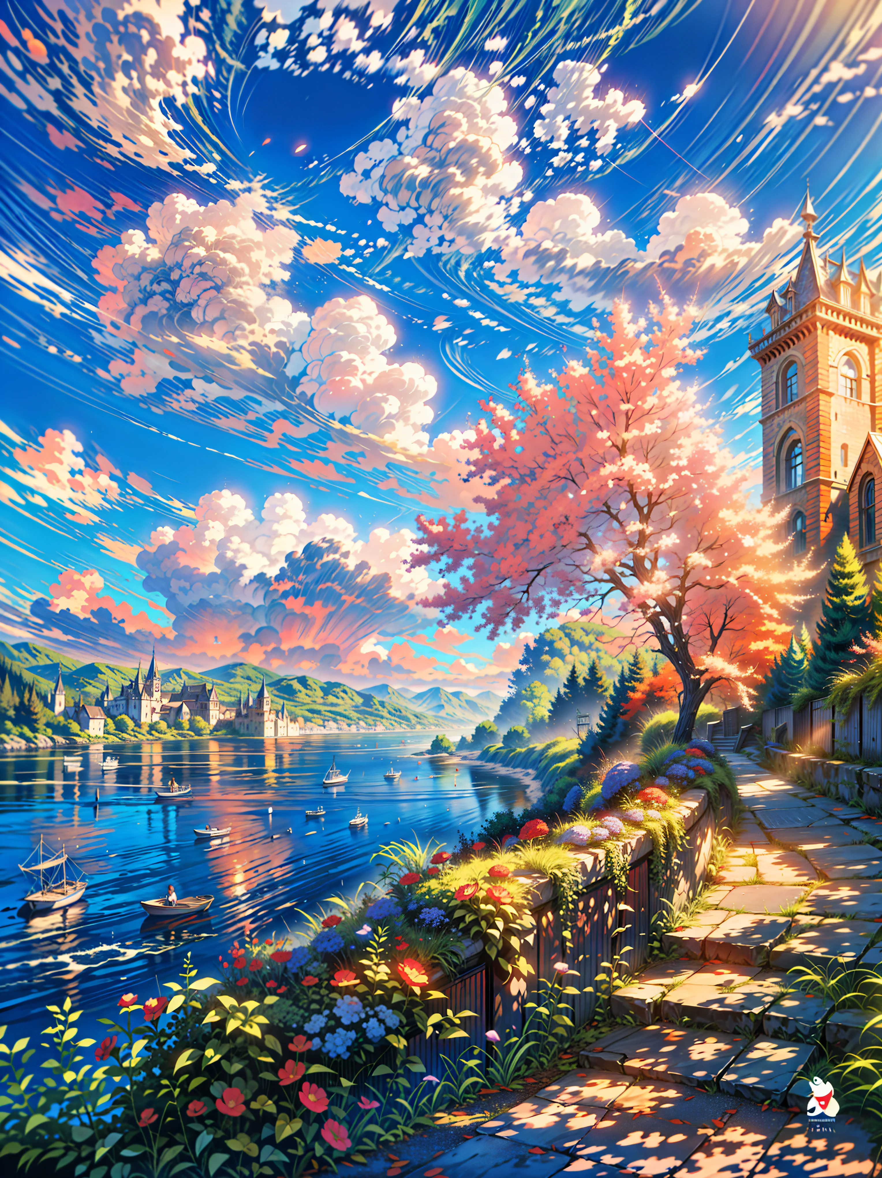 a painting of a castle by the water, by Scott Naismith, alena aenami and lilia alvarado, anato finnstark and alena aenami, colorful oil painting, colorful landscape painting, by Andrey Esionov, artistic. alena aenami, by Victor Surbek, impressionism painting, art of alena aenami, vibrant oil painting,  4k hd, beautiful art uhd 4 k, a beautiful artwork illustration, beautiful digital painting, highly detailed digital painting, beautiful digital artwork, detailed painting 4 k, very detailed digital painting, rich picturesque colors, gorgeous digital painting