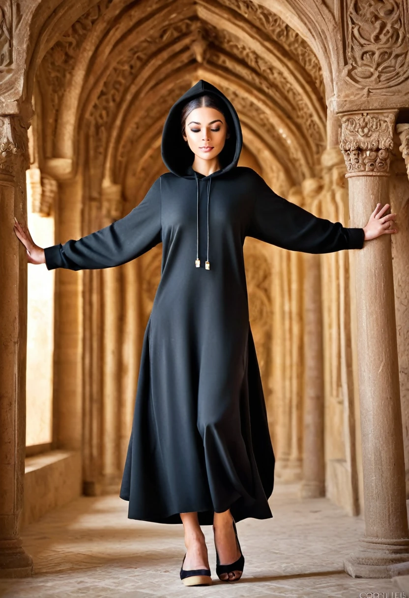 woman wearing a thick black Monastic Habit with long hood, She has her head down, ela tem um olhar misterioso, she is serious, ela olha pra baixo, ela tem uma cruz tatuada na testa, ela tem uma luz de raio laser vermelha brilhando nos olhos, She is inside the ultra futuristic beautiful monastery, she is jumping doing a flying in the air looking forward, o capuz cai cobrindo sua face