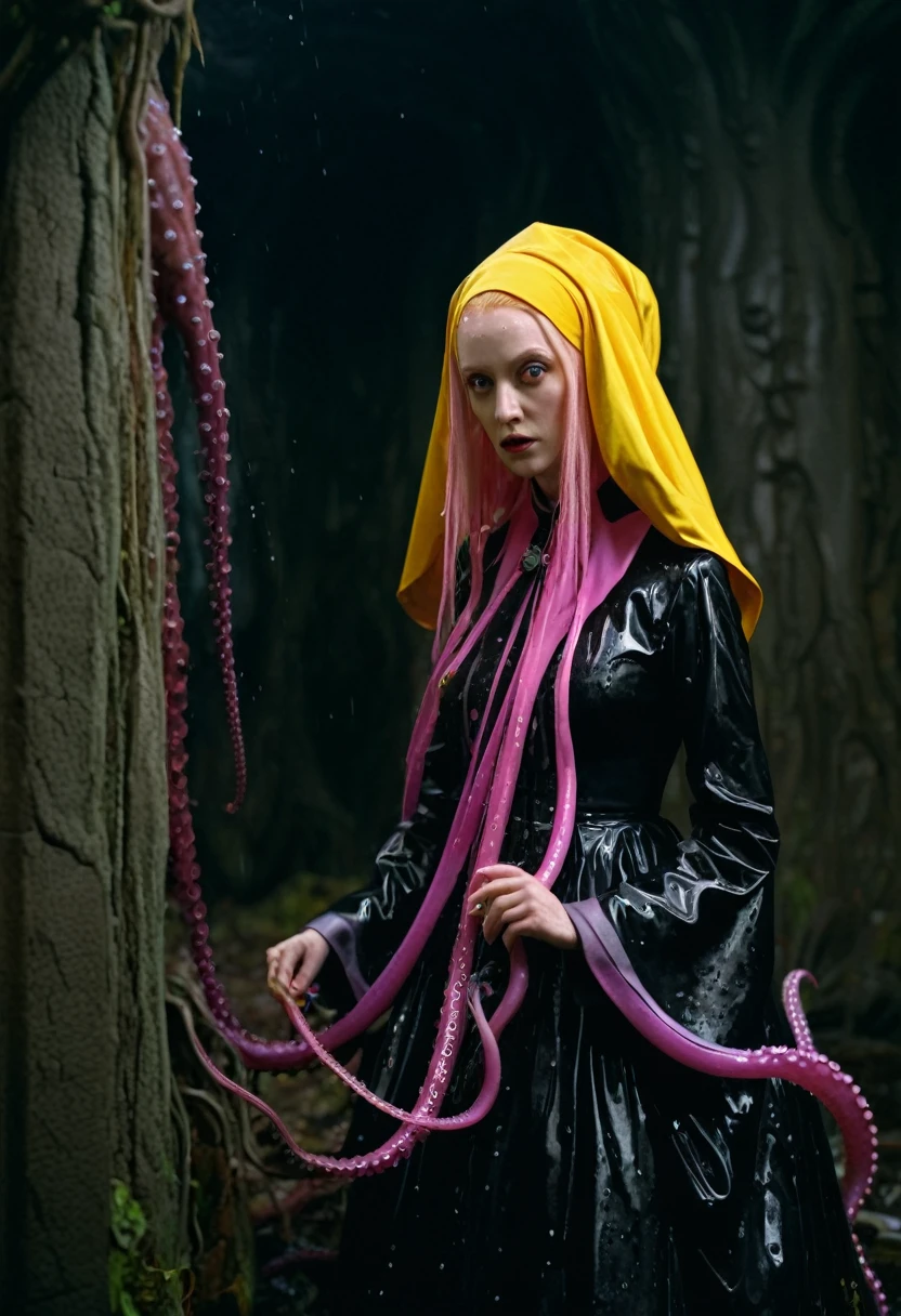 8K, ARTISTIC photogrAphy, best quAlity, mAsterpiece: 1.2), A (potrAit:1.2) witch BLOOD Toon Doll Cthulhu nun QUEEN, EYES, PINK many octopus style tentacles, full body RAW candid cinema, yellow hair, 16mm, color graded portra 400 film, remarkable color, ultra realistic, sad admosphere, dark lighting, oppressive atmosphere, depressive colors, kodak portra 400, photograph,r, Natural Light, Pinhead lighgts, blur reflection, Brush Strokes, Smooth, abstract, Splatter, Oil On Canvas, rainbow colors, fractal isometrics details bioluminescens : a stunning realistic photograph of wet bone structure, 3d render, octane render, intricately detailed, titanium decorative headdress, cinematic, trending on artstation | Isometric | Centered