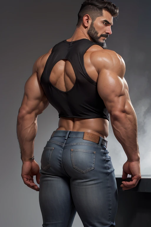 Obra maestra, mejor calidad, ultra detallado, 1 hombre, de espaldas,  macho maduro, muscular, pedazo, bara, deportista, carne de res, negro skin, piel bronceada, latino, 36 years old, negro hair, gray fur, barbas de chivo, cabello demasiado cortado, serious expression, camiseta gris, science fiction background, jeans de espaldas,  jeans backside backside 