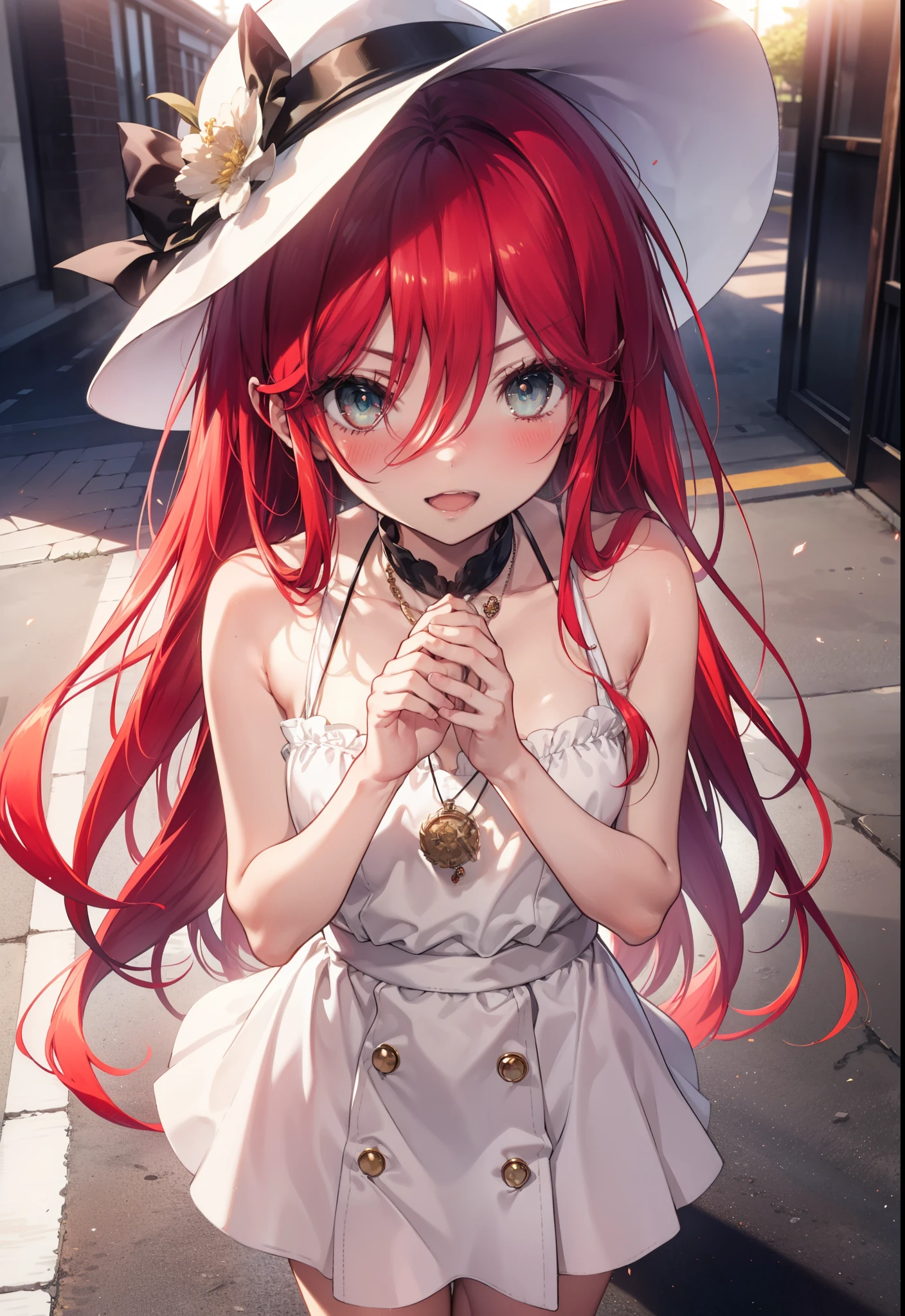 Shana,灼眼のShana,Ahoge,Long Hair,Red hair, Red eyes, small breasts,smile,blush,Open your mouth,Sleeveless dress,Bare shoulders,bare clavicle,Bare neck,Rocket Pendant,White hat,Long skirt,Cute heeled sandals,Looking down from above,sunset,evening,The sun is setting,
break looking at viewer, (Cowboy Shot:1. 5)
break outdoors, City Street,Building district,
break (masterpiece:1.2), highest quality, High resolution, unity 8k wallpaper, (shape:0.8), (Fine and beautiful eyes:1.6), Highly detailed face, Perfect lighting, Highly detailed CG, (Perfect hands, Perfect Anatomy),