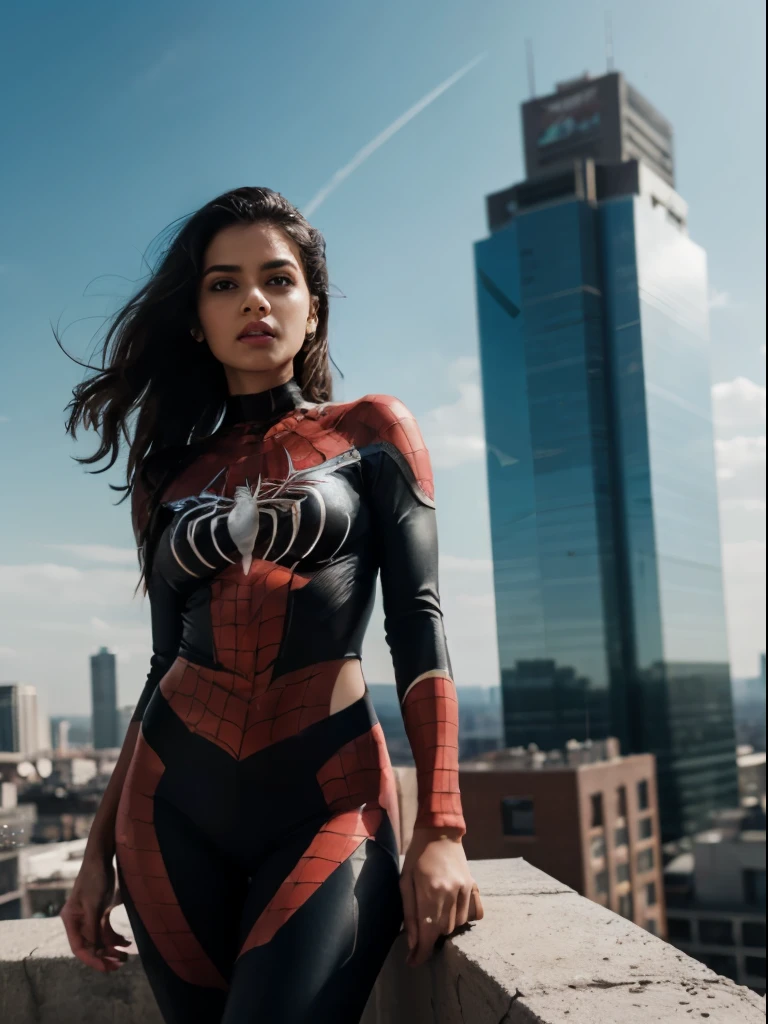 Prompt:full body cinematic shot, (1indian girl:1.3), Solo,fullbody portrait, wide angle shot, cinematic shot, (((Very detailed face)))), ((Very detailed eyes and face)))), Beautiful detail eyes, Body parts__, Official art, Unified 8k wallpaper, Super detailed, beautiful and beautiful, beautiful, masterpiece, best quality, original, masterpiece, super fine photo, best quality, super high resolution, realistic realism, sunlight, full body portrait, amazing beauty, dynamic pose, delicate face, vibrant eyes, (from the front), She wears Spider-Man suit, red and black color scheme, spider, very detailed city roof background, rooftop, overlooking the city, detailed face, detailed complex busy background, messy, gorgeous, milky white, highly detailed skin, realistic skin details, visible