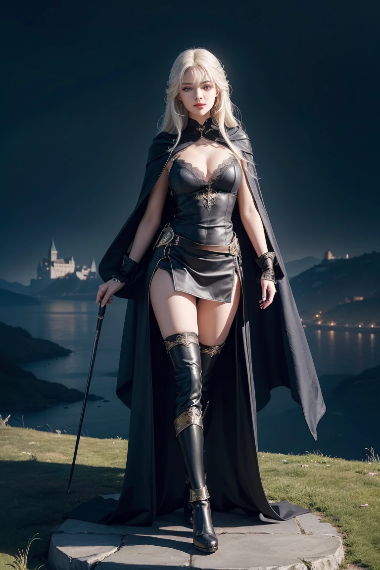 ((Show full body from head to toe, Standing perfectly, standing pose, Body facing to the viewer (Show front body, show center body)). Balance focused camera view, Centered camera view, middle camera view, vertical scape camera. Masterpiece, illustration:1.1, best quality, fine detail, perfect detail, smooth detail, sharp color, 8K, Ultra HD, Ultra-clear portrait, big resolution, perfect lighting, bright lighting, top quality, sharp focus. Fantasy, medieval, magic, wizard. A Beautiful wizard wearing black clothes with skirts, robes, cape, cloaks, lace stockings, show heels. huge breast:1.5, round breast, tall body, fit body, Leg length, slender body, pale toned skin, very bright skin, glowing skin, glowing face, bright face, wearing makeup, lipstick, blush. Long hair. Smirking, her eyes looking to the camera. The background is outside a castle. clear sky, sunlight, daylight. Standing (Full Body View).