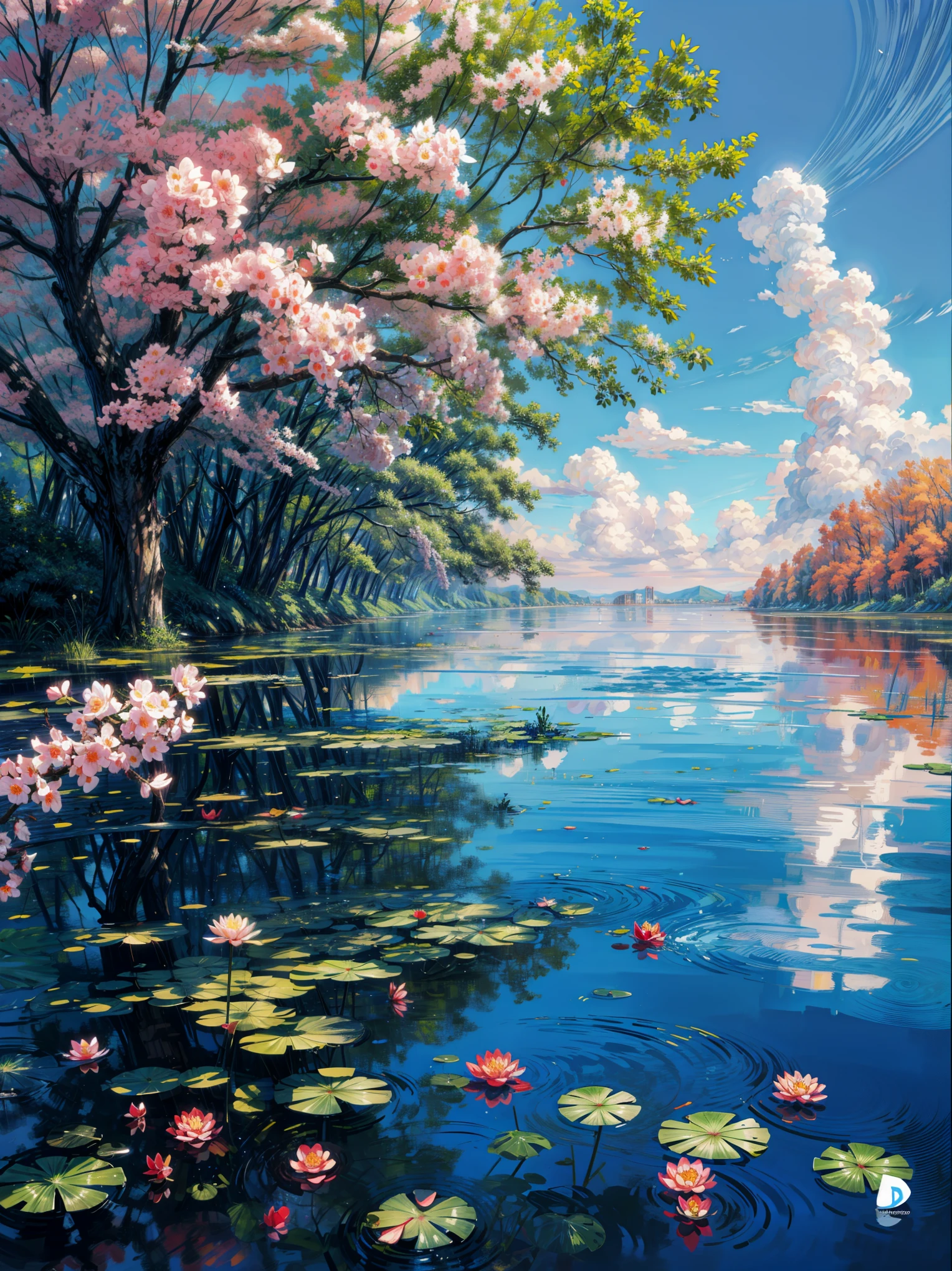a painting of a lake with water lillies and trees, impressionism painting, impressionist painting, high reflections oil, bright depth oil colors, colorful oil painting, impressionist oil painting, vibrant oil painting, gorgeous painting, beautiful art uhd 4 k, neoimpressionist, impressionistic painting, romantic impressionism, high quality oil painting, impressionist art, impressionism, serene colors, 4k hd, beautiful art uhd 4 k, a beautiful artwork illustration, beautiful digital painting, highly detailed digital painting, beautiful digital artwork, detailed painting 4 k, very detailed digital painting, rich picturesque colors, gorgeous digital painting