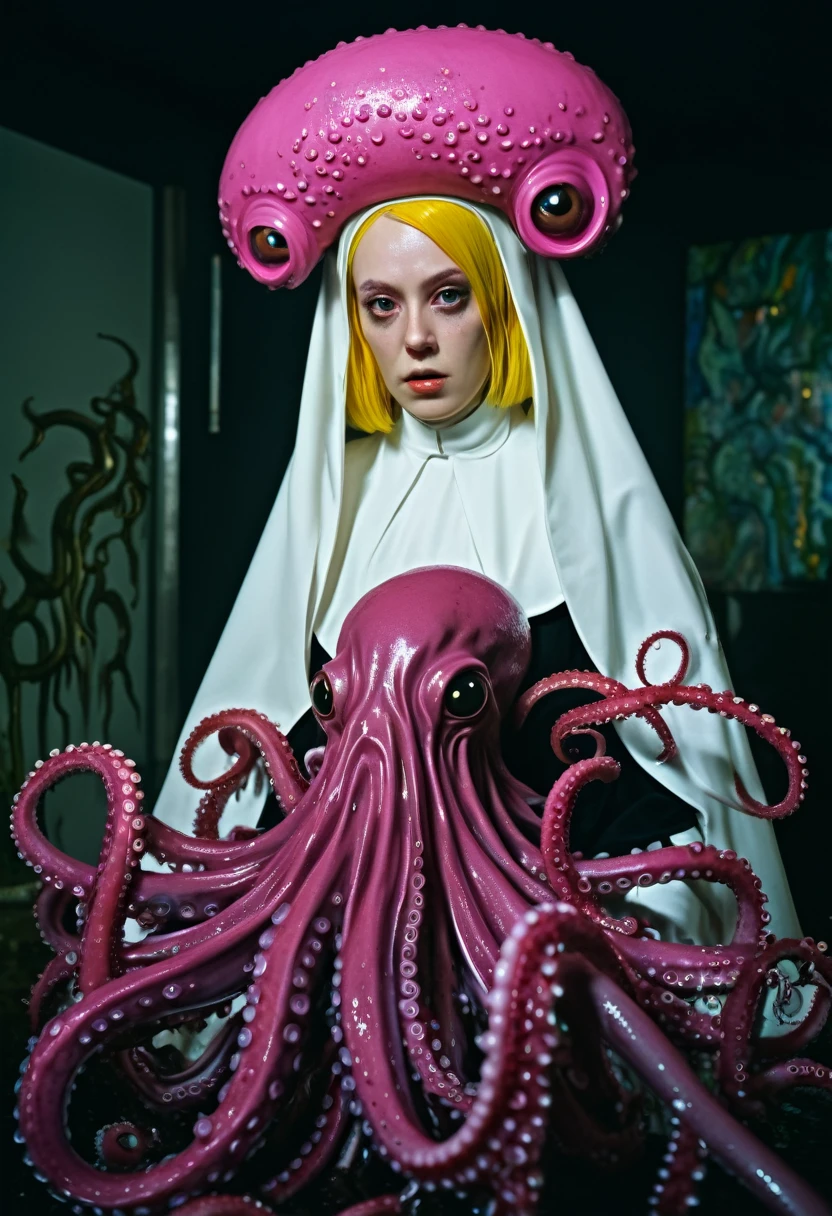 8K, ARTISTIC photogrAphy, best quAlity, mAsterpiece: 1.2), A (potrAit:1.2) witch BLOOD Toon Doll Cthulhu nun QUEEN, EYES, PINK many octopus style tentacles, full body RAW candid cinema, yellow hair, 16mm, color graded portra 400 film, remarkable color, ultra realistic, sad admosphere, dark lighting, oppressive atmosphere, depressive colors, kodak portra 400, photograph,r, Natural Light, Pinhead lighgts, blur reflection, Brush Strokes, Smooth, abstract, Splatter, Oil On Canvas, rainbow colors, fractal isometrics details bioluminescens : a stunning realistic photograph of wet bone structure, 3d render, octane render, intricately detailed, titanium decorative headdress, cinematic, trending on artstation | Isometric | Centered
