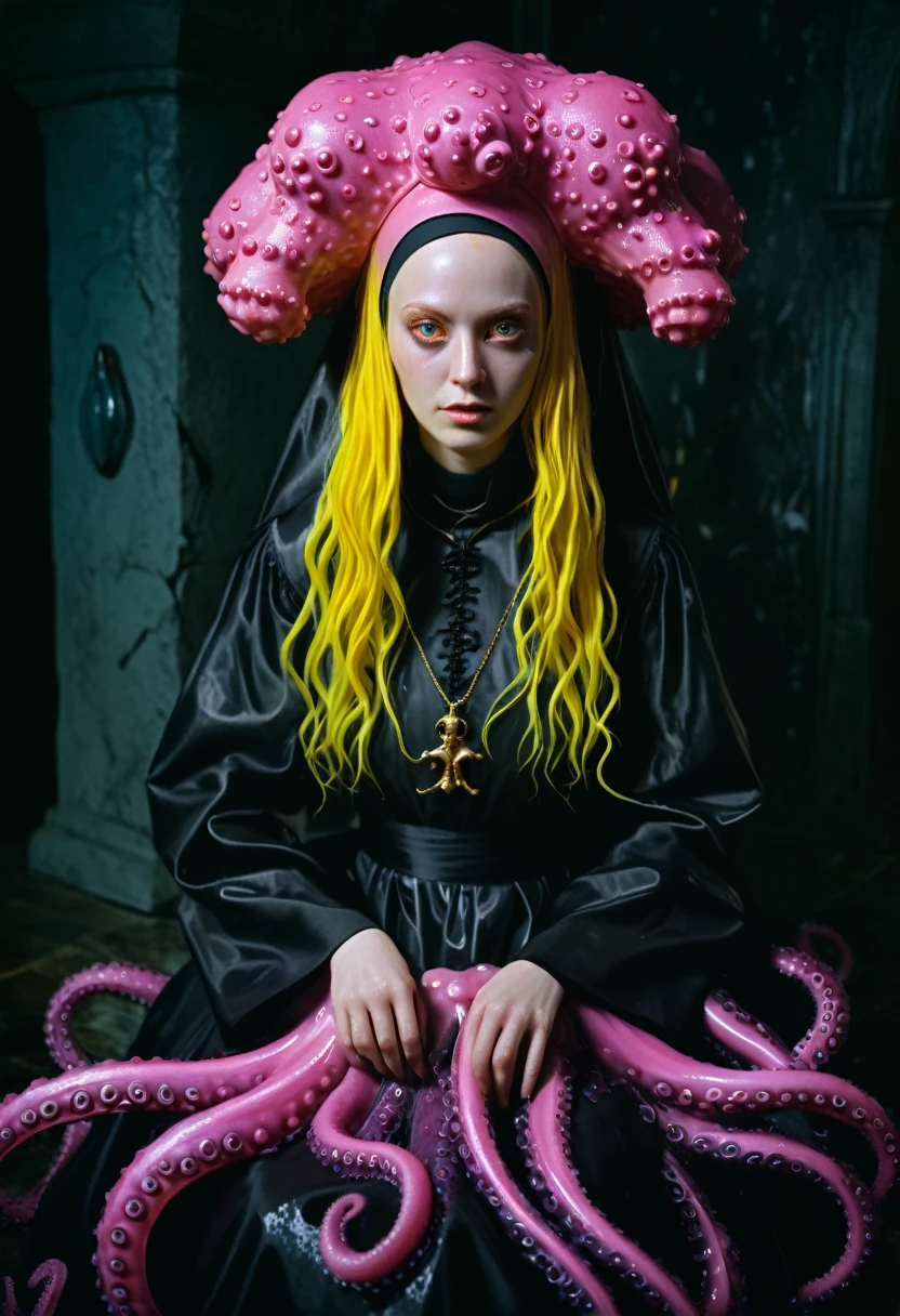 8K, ARTISTIC photogrAphy, best quAlity, mAsterpiece: 1.2), A (potrAit:1.2) witch BLOOD Toon Doll Cthulhu nun QUEEN, EYES, PINK many octopus style tentacles, full body RAW candid cinema, yellow hair, 16mm, color graded portra 400 film, remarkable color, ultra realistic, sad admosphere, dark lighting, oppressive atmosphere, depressive colors, kodak portra 400, photograph,r, Natural Light, Pinhead lighgts, blur reflection, Brush Strokes, Smooth, abstract, Splatter, Oil On Canvas, rainbow colors, fractal isometrics details bioluminescens : a stunning realistic photograph of wet bone structure, 3d render, octane render, intricately detailed, titanium decorative headdress, cinematic, trending on artstation | Isometric | Centered