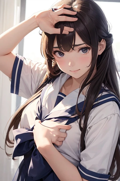 (8K), (best quality), (muste piece: 1.2)　Female student with long hair　((Bowing your head in greeting:1.4)) Wearing a sailor uniform