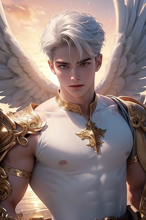 ((Best quality)), ((masterpiece)), (detailed), ((perfect face)), ((halfbody)) perfect proporcions,He is a handsome angel, 25 years old, white hair, he has white wings, He wears Golden armor, with wide massive sparkling luminous detailed angel wings, he has honey-colored eyes, There is a pink sky behind him, muscular male, he is a warriorangel, There is a sunset sky, he spreads his white angel wings there is a lake in the background, he has a metal belt, ((perfect face))