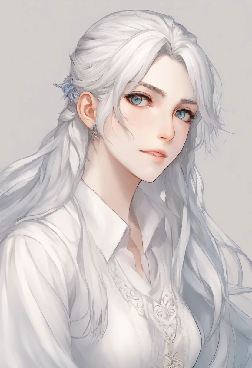 (masterpiece,best quality), , facing front, , {plain background}, , {long hair}, , {ponytail},, {upper body}, , {white hair}, , {fantasy},, (mature woman), , {28 years old} ,, (adult woman), , {anime woman}, , {bright blue eyes},, {smile}, , {white blouse}
