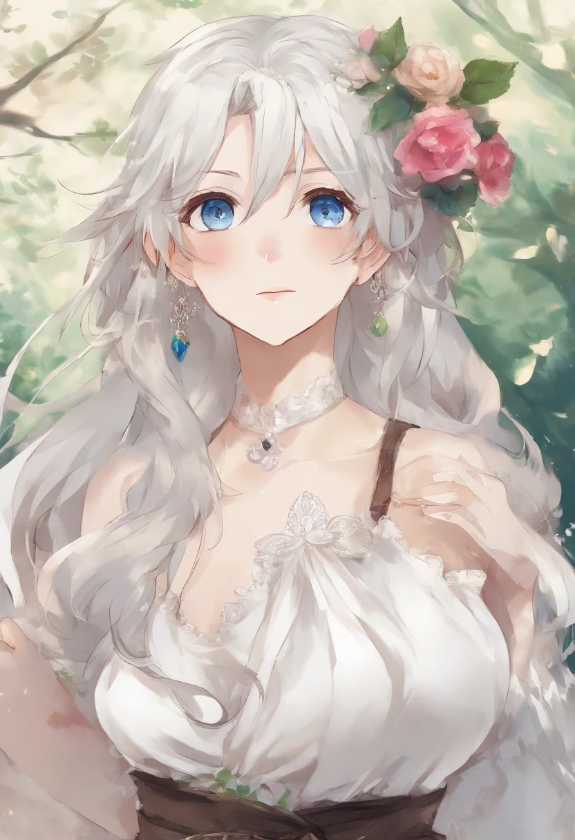 (masterpiece,best quality), , facing front, , {plain background}, , {long hair}, , {ponytail},, {upper body}, , {white hair}, , {fantasy},, (mature woman), , {28 years old} ,, (adult woman), , {anime woman}, , {bright blue eyes},, {smile}, , {white blouse}
