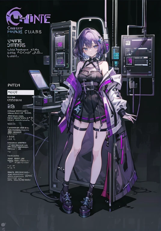 Purple Hair,Shortcuts,girl,1 person,,((Harness)),,cyber punk,Simple Background,smile,Full Body,full body,Character Sheet