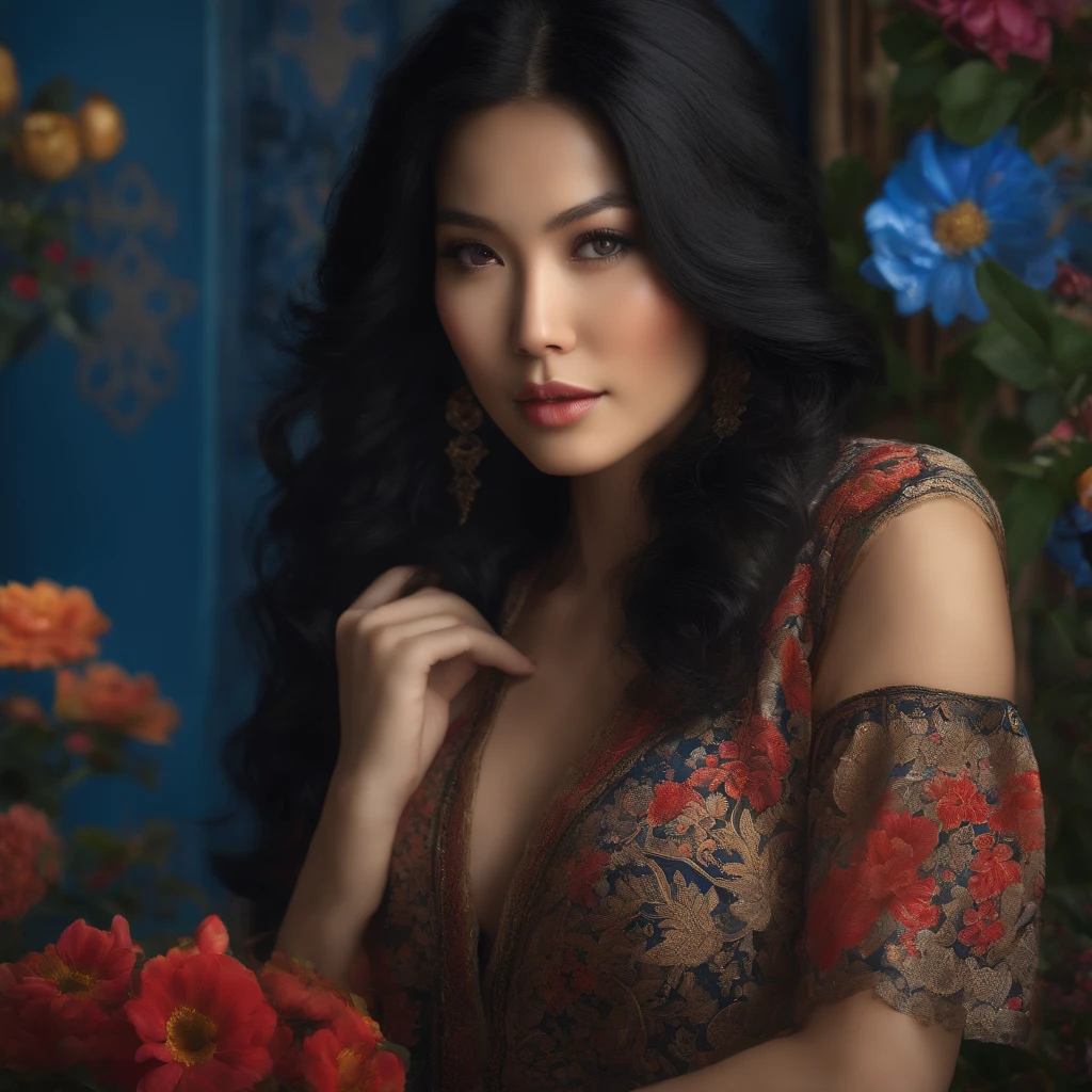 (ultra-detailed, realistic:1.37), beautiful Asian woman with long black hair and blue eyes, wearing a low-cut blouse with a floral pattern and a very short black skirt. The image should be extremely detailed and realistic. (vivid colors, professional lighting)