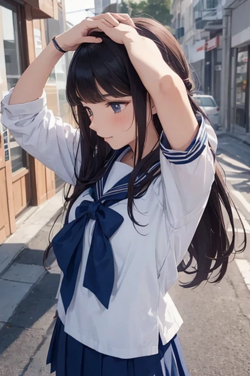 (8K), (best quality), (muste piece: 1.2) Female student with long hair ((Bowing your head in greeting:1.4)) Wearing a sailor uniform
