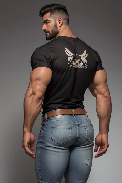 Obra maestra, mejor calidad, ultra detallado, 1 hombre, de espaldas,  macho maduro, muscular, pedazo, bara, deportista, carne de res, negro skin, piel bronceada, latino, 36 years old, negro hair, brazos definidos, gray fur, barbas de chivo, cabello demasiado cortado, serious expression, camiseta gris, science fiction background, jeans de espaldas,  jeans backside backside, crouched doggy 