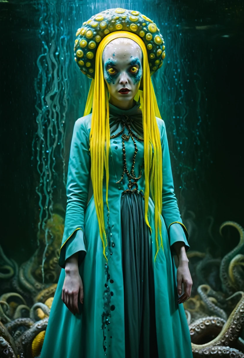 8K, ARTISTIC photogrAphy, best quAlity, mAsterpiece: 1.2), A (potrAit:1.2)  witch BLOOD Toon Doll Cthulhu nun QUEEN, EYES, CYAN many octopus style tentacles, full body RAW candid cinema, yellow hair, 16mm, color graded portra 400 film, remarkable color, ultra realistic, sad admosphere, dark lighting, oppressive atmosphere, depressive colors, kodak portra 400, photograph,r, Natural Light, Pinhead lighgts, blur reflection, Brush Strokes, Smooth, abstract, Splatter, Oil On Canvas, rainbow colors, fractal isometrics details bioluminescens : a stunning realistic photograph of wet bone structure, 3d render, octane render, intricately detailed, titanium decorative headdress, cinematic, trending on artstation | Isometric | Centered