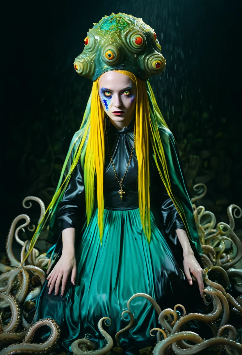 8K, ARTISTIC photogrAphy, best quAlity, mAsterpiece: 1.2), A (potrAit:1.2) witch BLOOD Toon Doll Cthulhu nun QUEEN, EYES, CYAN many octopus style tentacles, full body RAW candid cinema, yellow hair, 16mm, color graded portra 400 film, remarkable color, ultra realistic, sad admosphere, dark lighting, oppressive atmosphere, depressive colors, kodak portra 400, photograph,r, Natural Light, Pinhead lighgts, blur reflection, Brush Strokes, Smooth, abstract, Splatter, Oil On Canvas, rainbow colors, fractal isometrics details bioluminescens : a stunning realistic photograph of wet bone structure, 3d render, octane render, intricately detailed, titanium decorative headdress, cinematic, trending on artstation | Isometric | Centered