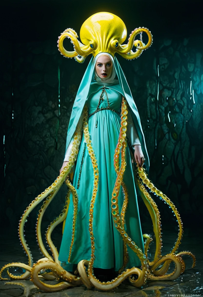 8K, ARTISTIC photogrAphy, best quAlity, mAsterpiece: 1.2), A (potrAit:1.2) witch BLOOD Toon Doll Cthulhu nun QUEEN, EYES, CYAN many octopus style tentacles, full body RAW candid cinema, yellow hair, 16mm, color graded portra 400 film, remarkable color, ultra realistic, sad admosphere, dark lighting, oppressive atmosphere, depressive colors, kodak portra 400, photograph,r, Natural Light, Pinhead lighgts, blur reflection, Brush Strokes, Smooth, abstract, Splatter, Oil On Canvas, rainbow colors, fractal isometrics details bioluminescens : a stunning realistic photograph of wet bone structure, 3d render, octane render, intricately detailed, titanium decorative headdress, cinematic, trending on artstation | Isometric | Centered