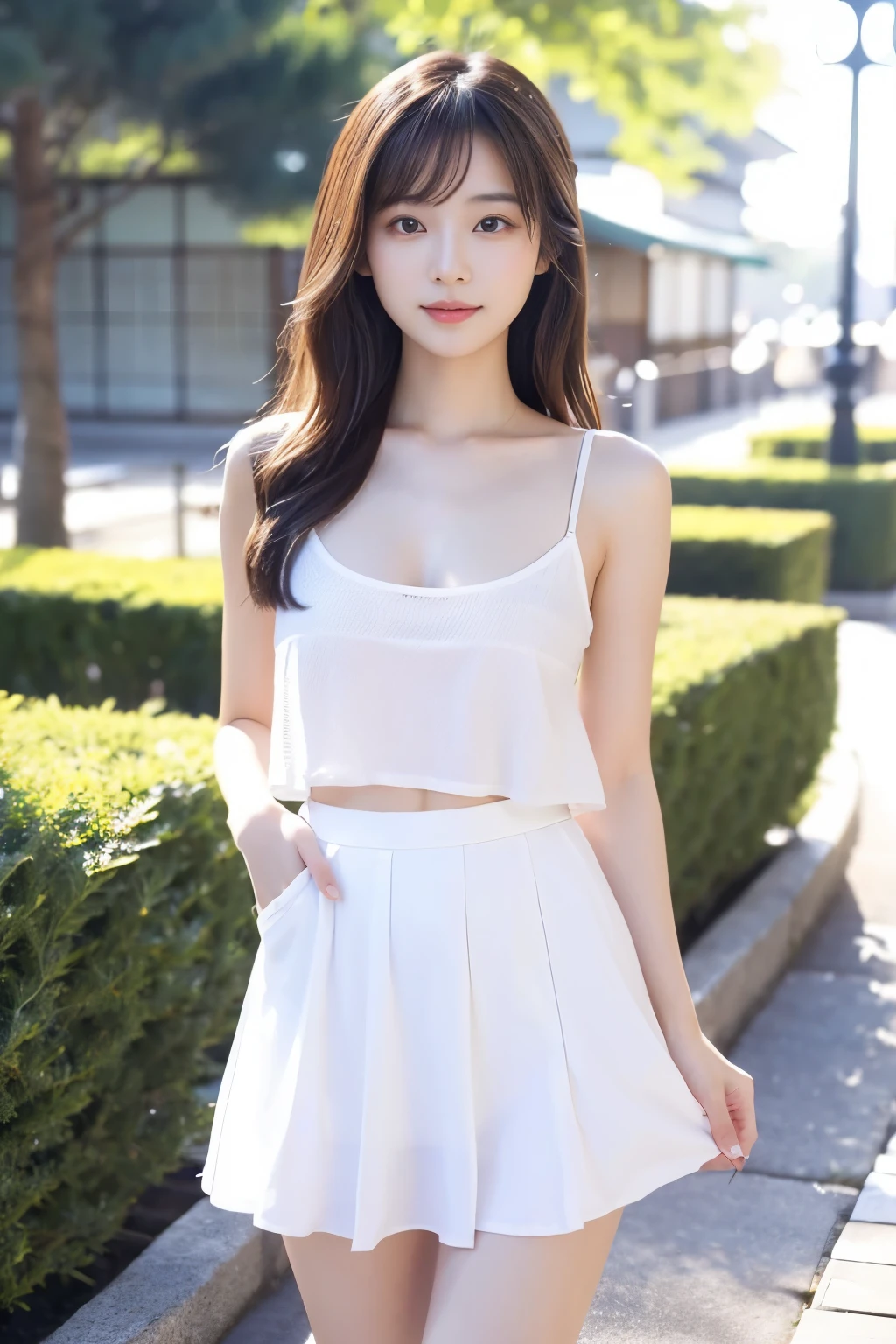 A beautiful 23-year-old Japanese woman is pictured in the center.、Best Quality、Ultra-sharp resolution、Clear Eyes、Simple face、Perfect Face、White skin、Perfect breasts、Perfect Legs、Various styles of skirts、