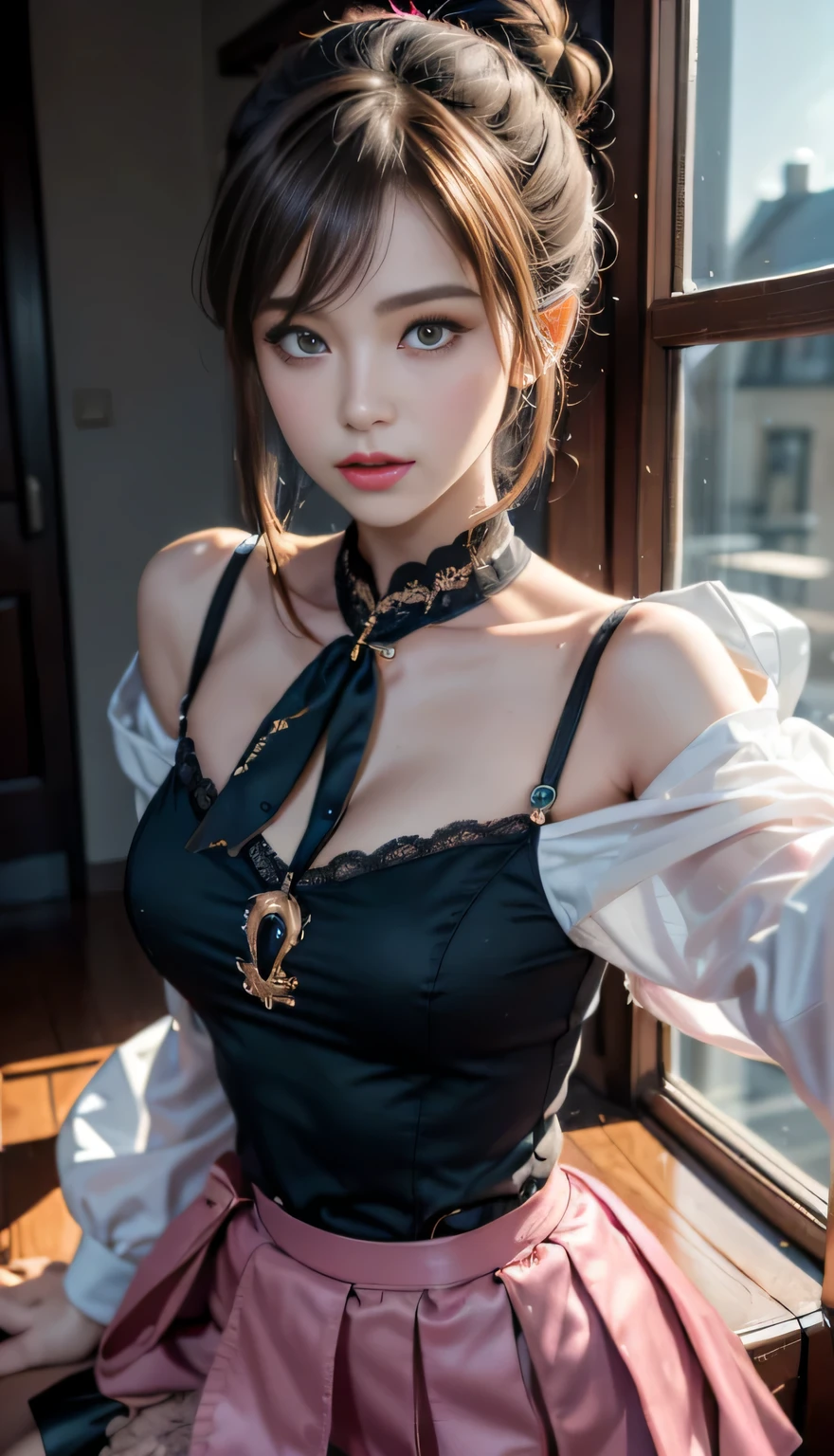 (Original Photography、Top quality)、(realism、Photorealistic:1.3)、Top quality、masterpiece、Extremely exquisite and beautiful、Very detailed的、nffsw、Sense of solidarity、2k wallpapers、Gorgeous、beautiful face,every detail、masterpiece、A faint smile、Top quality、Highly detailed Unity 8k wallpaper、Huge file size、Super detailed、high resolution、Very detailed、1 female、slim、D cup、(Black tights:0.7)、(Pink skirt:1.2)、(Hair Bun)、(Brown hair)、Look ahead、Clear focus、Close-up of face、Pure face_V1:0.8 short hair、