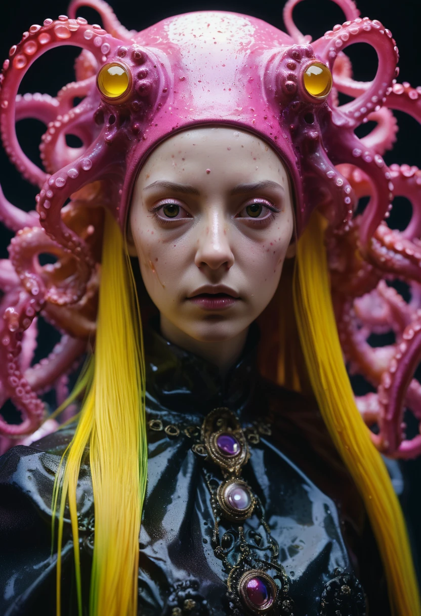8K, ARTISTIC photogrAphy, best quAlity, mAsterpiece: 1.2), A (potrAit:1.2) witch BLOOD Toon Doll Cthulhu nun QUEEN, PINK many octopus style tentacles, full body RAW candid cinema, yellow hair, 16mm, color graded portra 400 film, remarkable color, ultra realistic, sad admosphere, dark lighting, oppressive atmosphere, depressive colors, kodak portra 400, photograph,r, Natural Light, Pinhead lighgts, blur reflection, Brush Strokes, Smooth, abstract, Splatter, Oil On Canvas, rainbow colors, fractal isometrics details bioluminescens : a stunning realistic photograph of wet bone structure, 3d render, octane render, intricately detailed, titanium decorative headdress, cinematic, trending on artstation | Isometric | Centered