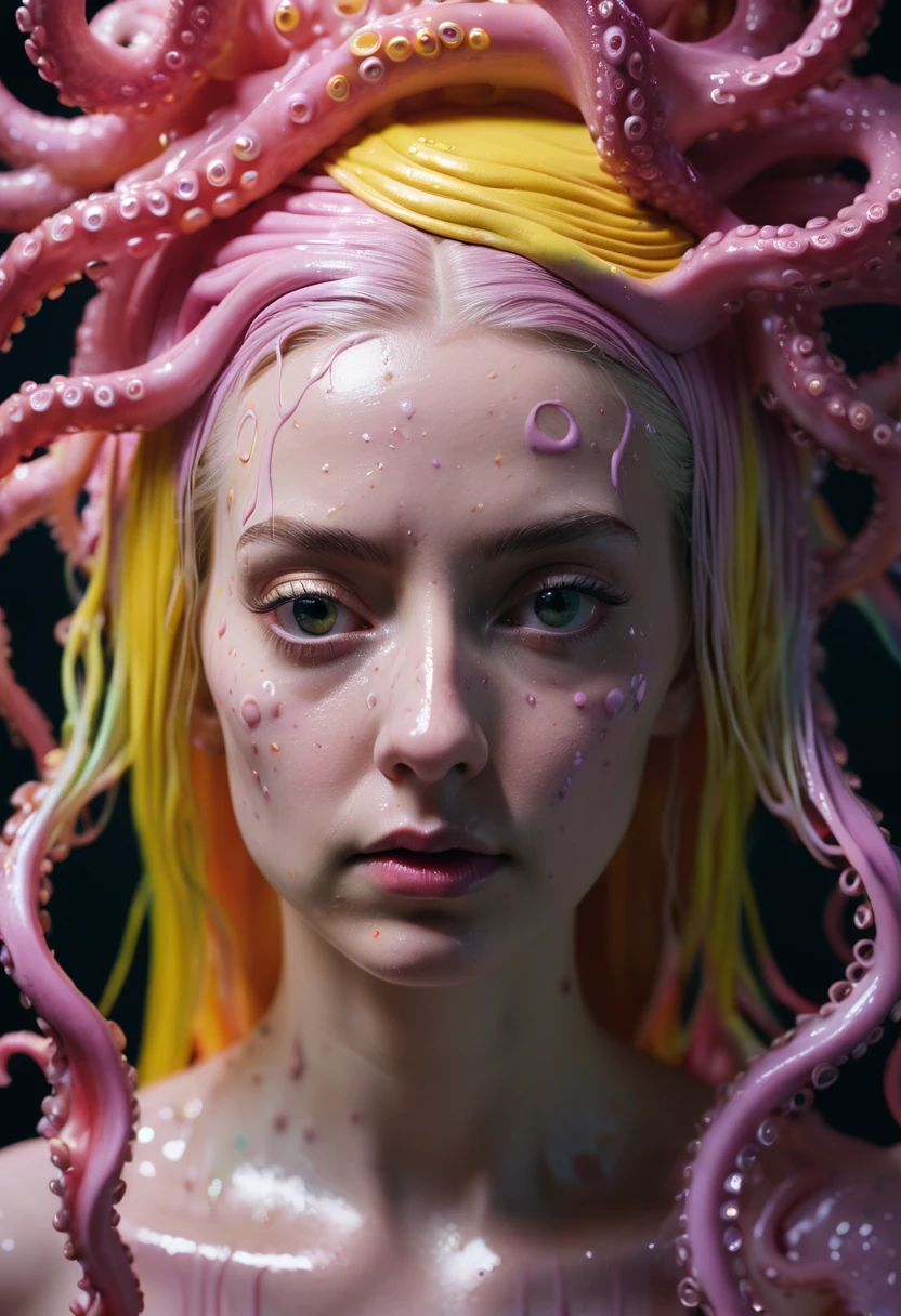 8K, ARTISTIC photogrAphy, best quAlity, mAsterpiece: 1.2), A (potrAit:1.2) witch BLOOD Toon Doll Cthulhu nun QUEEN, PINK many octopus style tentacles, full body RAW candid cinema, yellow hair, 16mm, color graded portra 400 film, remarkable color, ultra realistic, sad admosphere, dark lighting, oppressive atmosphere, depressive colors, kodak portra 400, photograph,r, Natural Light, Pinhead lighgts, blur reflection, Brush Strokes, Smooth, abstract, Splatter, Oil On Canvas, rainbow colors, fractal isometrics details bioluminescens : a stunning realistic photograph of wet bone structure, 3d render, octane render, intricately detailed, titanium decorative headdress, cinematic, trending on artstation | Isometric | Centered