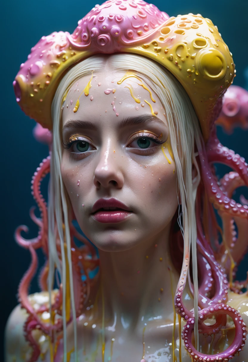8K, ARTISTIC photogrAphy, best quAlity, mAsterpiece: 1.2), A (potrAit:1.2) witch BLOOD Toon Doll Cthulhu nun QUEEN, PINK many octopus style tentacles, full body RAW candid cinema, yellow hair, 16mm, color graded portra 400 film, remarkable color, ultra realistic, sad admosphere, dark lighting, oppressive atmosphere, depressive colors, kodak portra 400, photograph,r, Natural Light, Pinhead lighgts, blur reflection, Brush Strokes, Smooth, abstract, Splatter, Oil On Canvas, rainbow colors, fractal isometrics details bioluminescens : a stunning realistic photograph of wet bone structure, 3d render, octane render, intricately detailed, titanium decorative headdress, cinematic, trending on artstation | Isometric | Centered