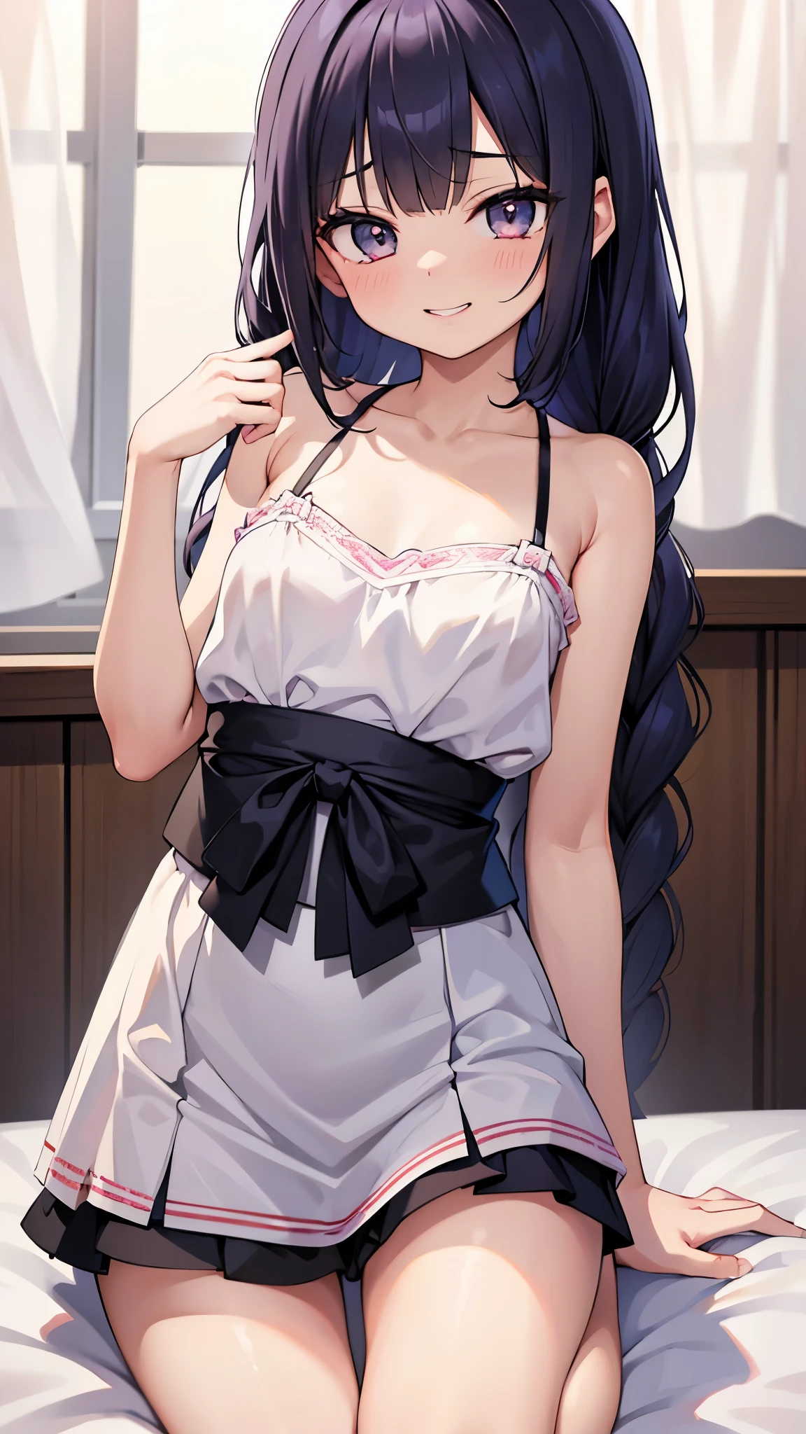 masterpiece, 1girl, solo, tohka, (naked:1.3), (white apron), large breasts, cleavage, thighs, cafe background, (blushing:1.2), smiling, finely detailed