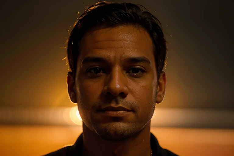 Um homem branco, facing the camera, num fundo preto, money falling behind him, orange gradient light.